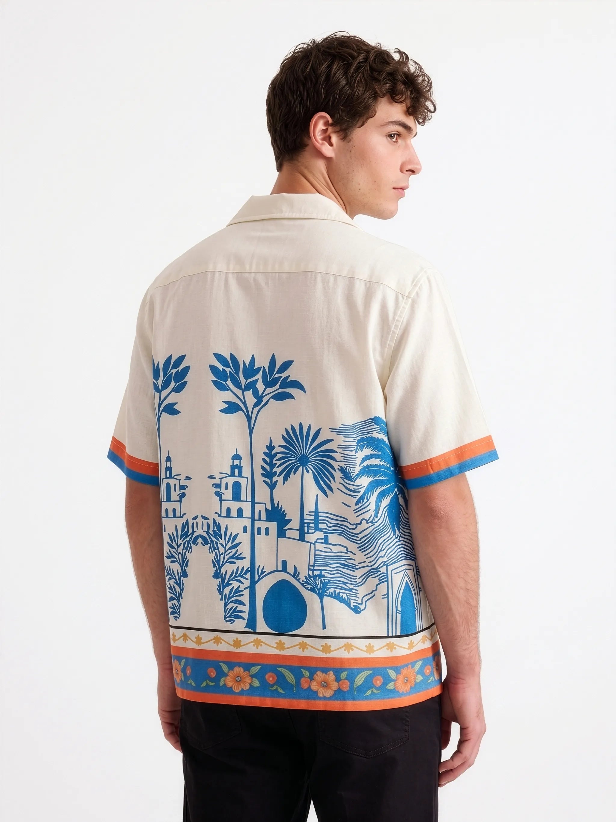 Meedeeshop The Resort Premium Linen Scenic Print Shirt for Men | Cuban Collar | Half Sleeve | Relaxed Fit | Off White Blue | Festive Resort Wear