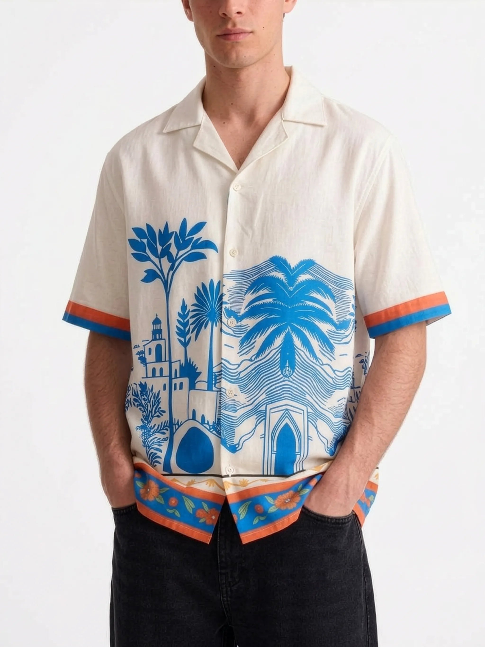Meedeeshop The Resort Premium Linen Scenic Print Shirt for Men | Cuban Collar | Half Sleeve | Relaxed Fit | Off White Blue | Festive Resort Wear
