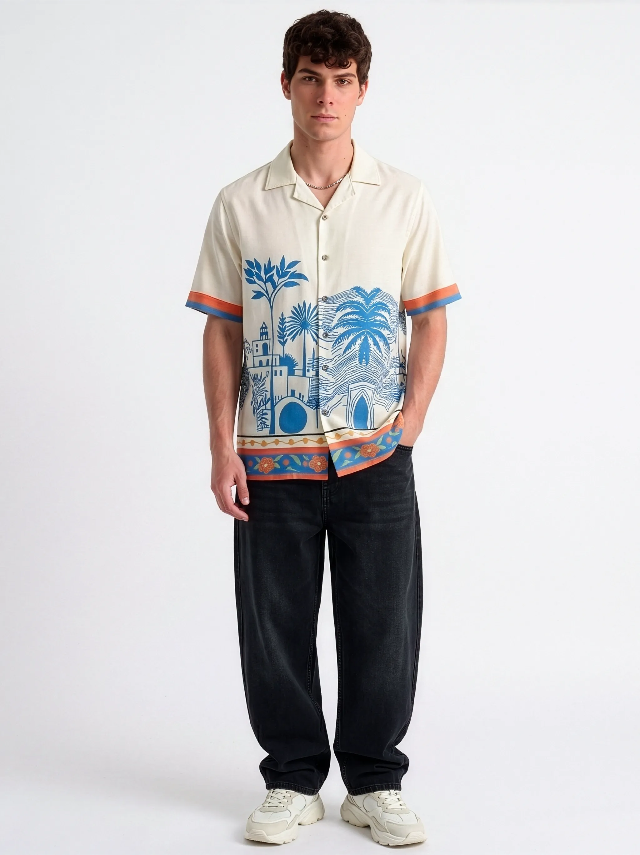 Meedeeshop The Resort Premium Linen Scenic Print Shirt for Men | Cuban Collar | Half Sleeve | Relaxed Fit | Off White Blue | Festive Resort Wear