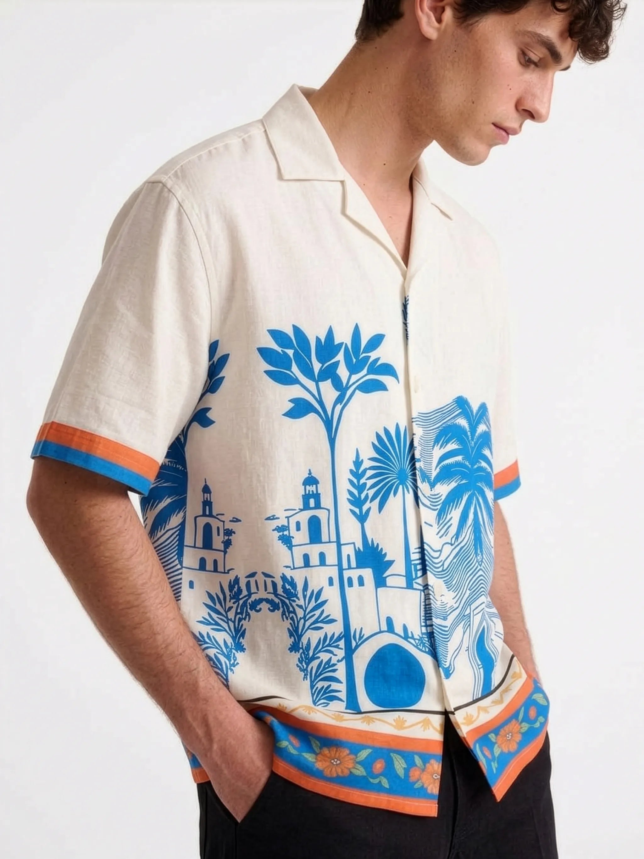 Meedeeshop The Resort Premium Linen Scenic Print Shirt for Men | Cuban Collar | Half Sleeve | Relaxed Fit | Off White Blue | Festive Resort Wear