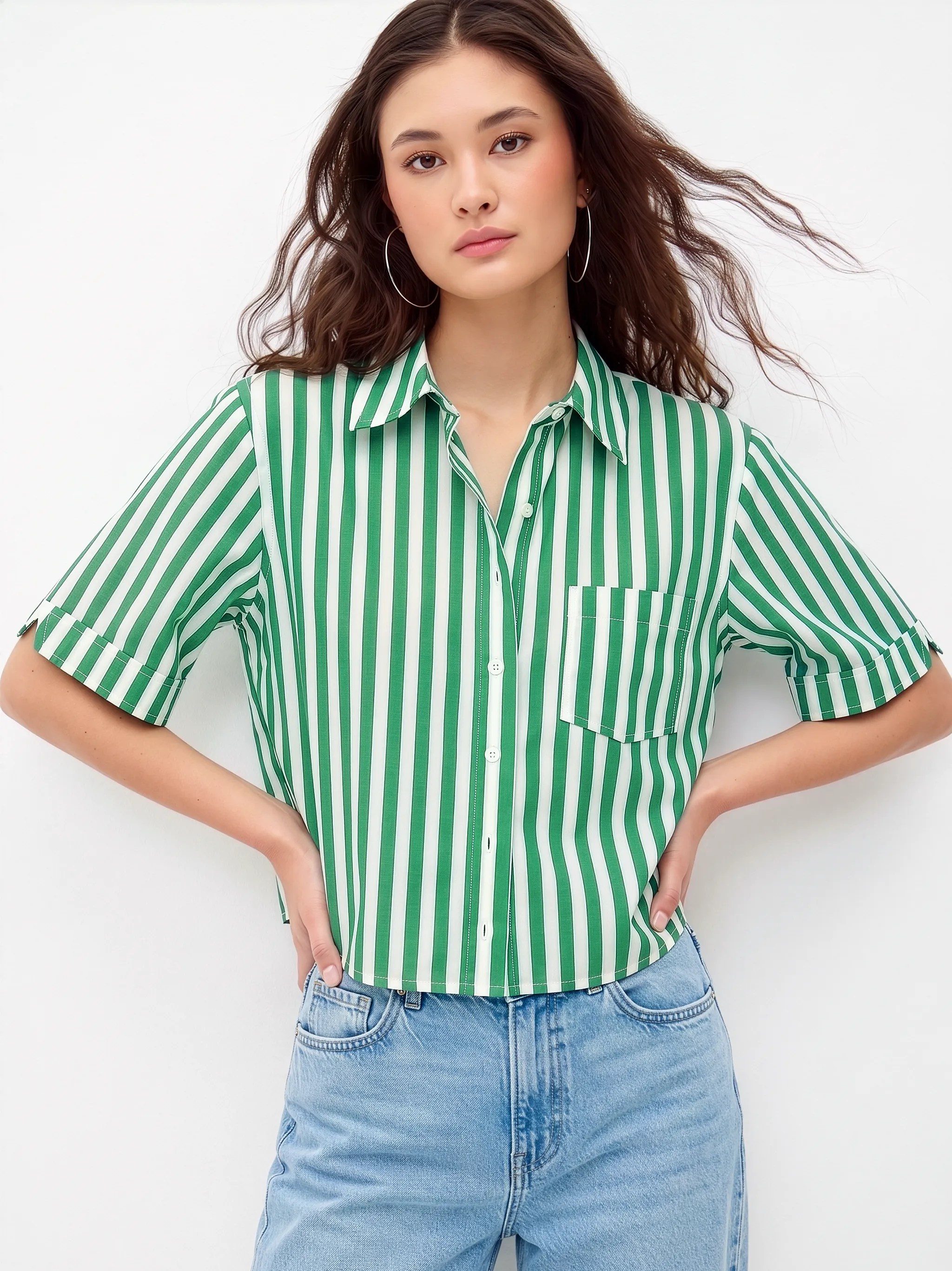 Green & White Vertical Stripe Boxy Fit Cotton Shirt