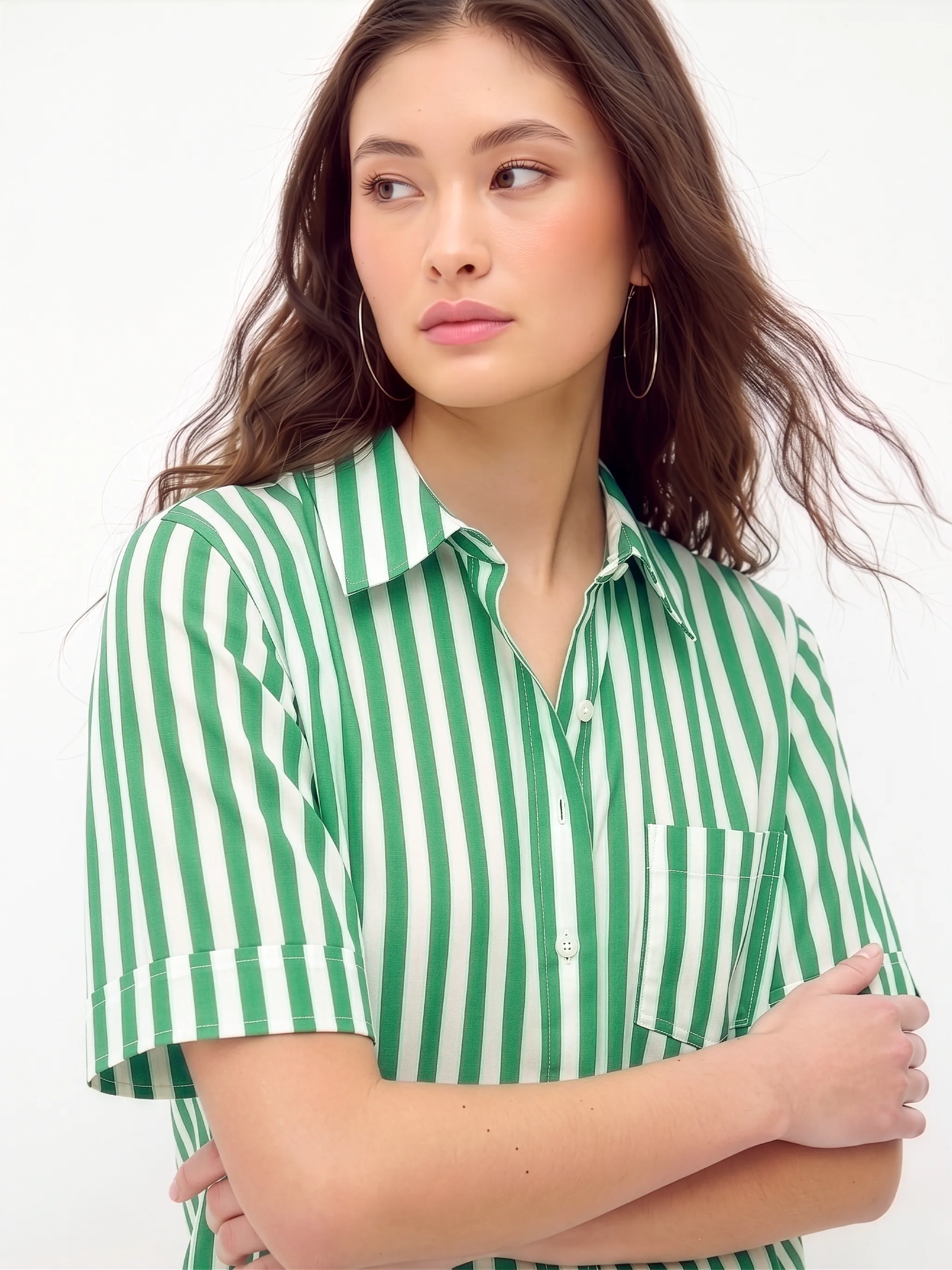 Green & White Vertical Stripe Boxy Fit Cotton Shirt