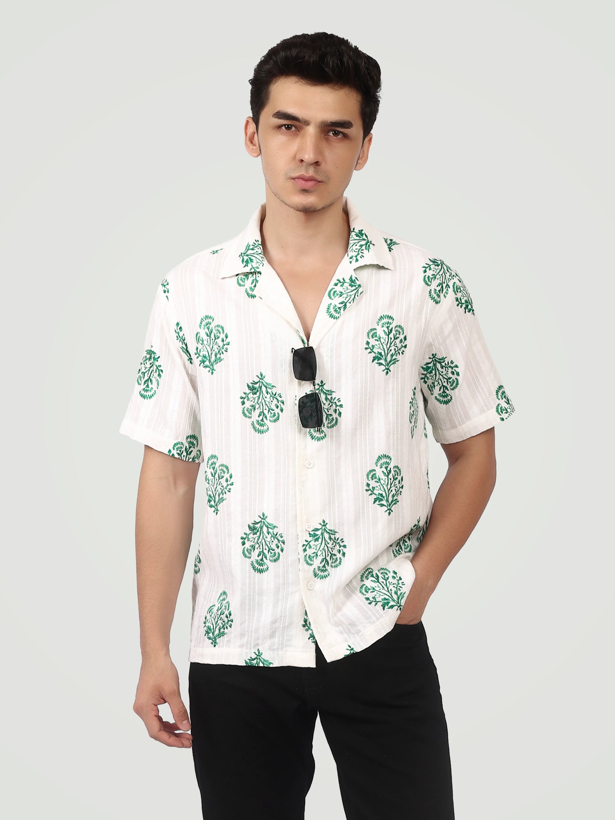 The Heritage Floral Camp Collar Shirt – Emerald & White