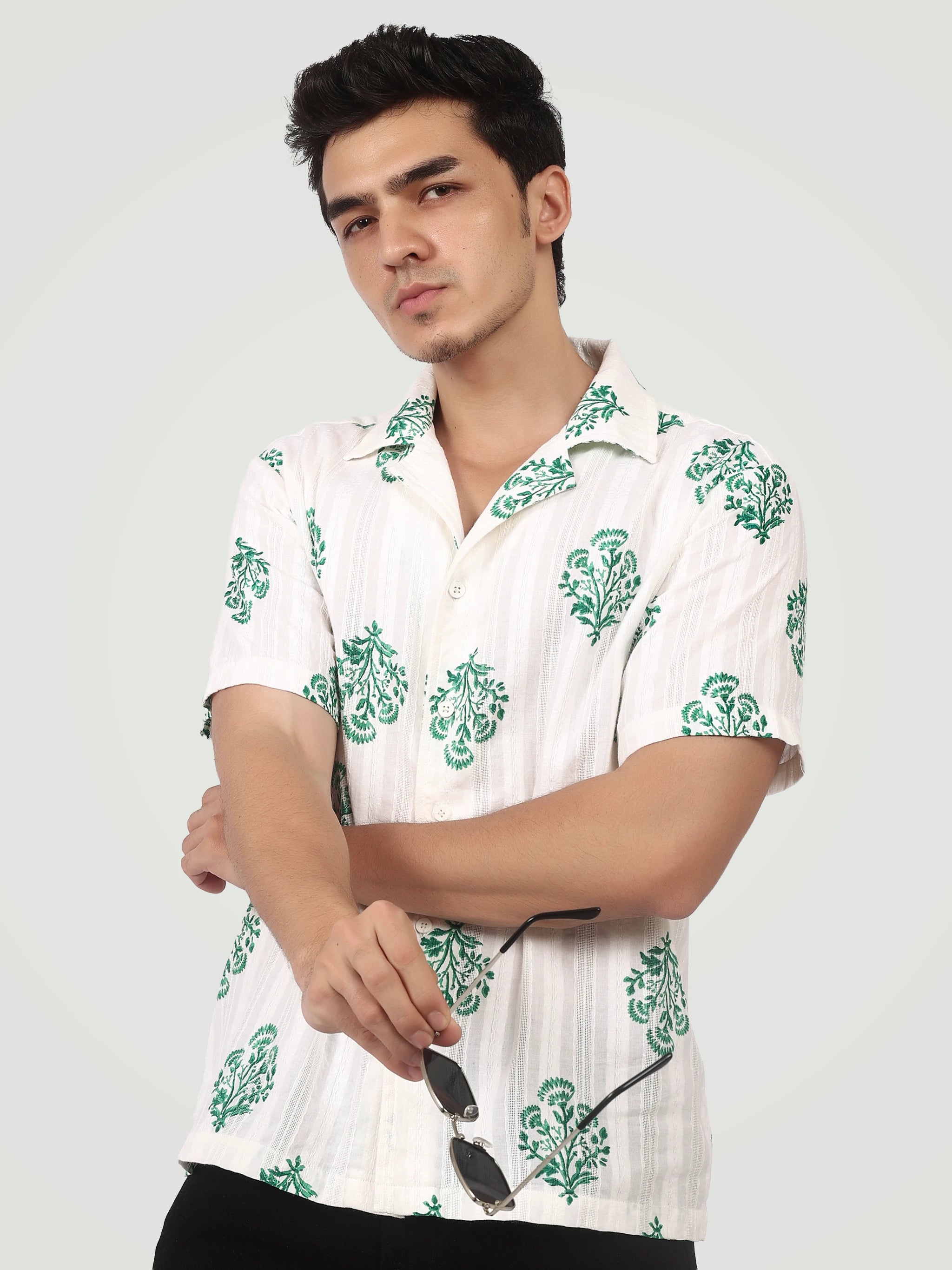 The Heritage Floral Camp Collar Shirt – Emerald & White