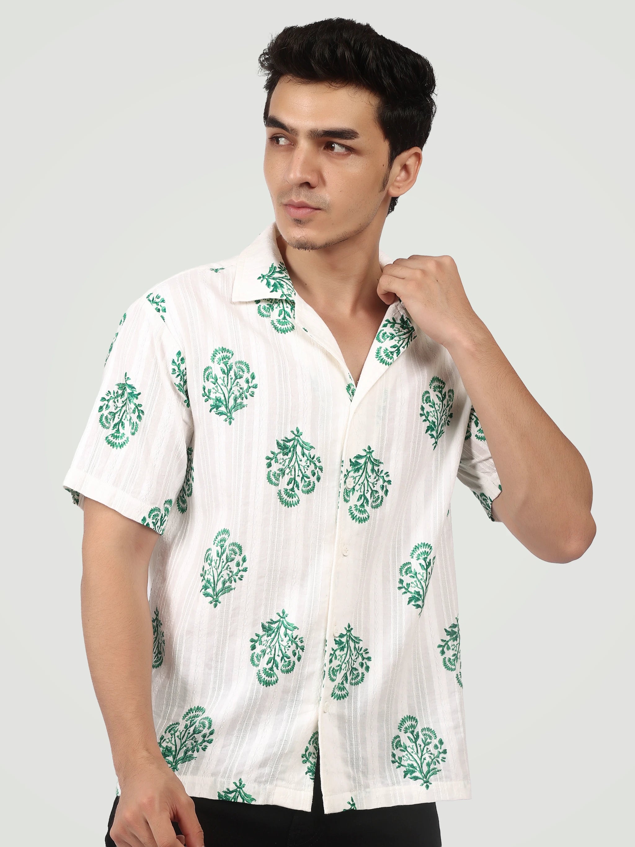 The Heritage Floral Camp Collar Shirt – Emerald & White