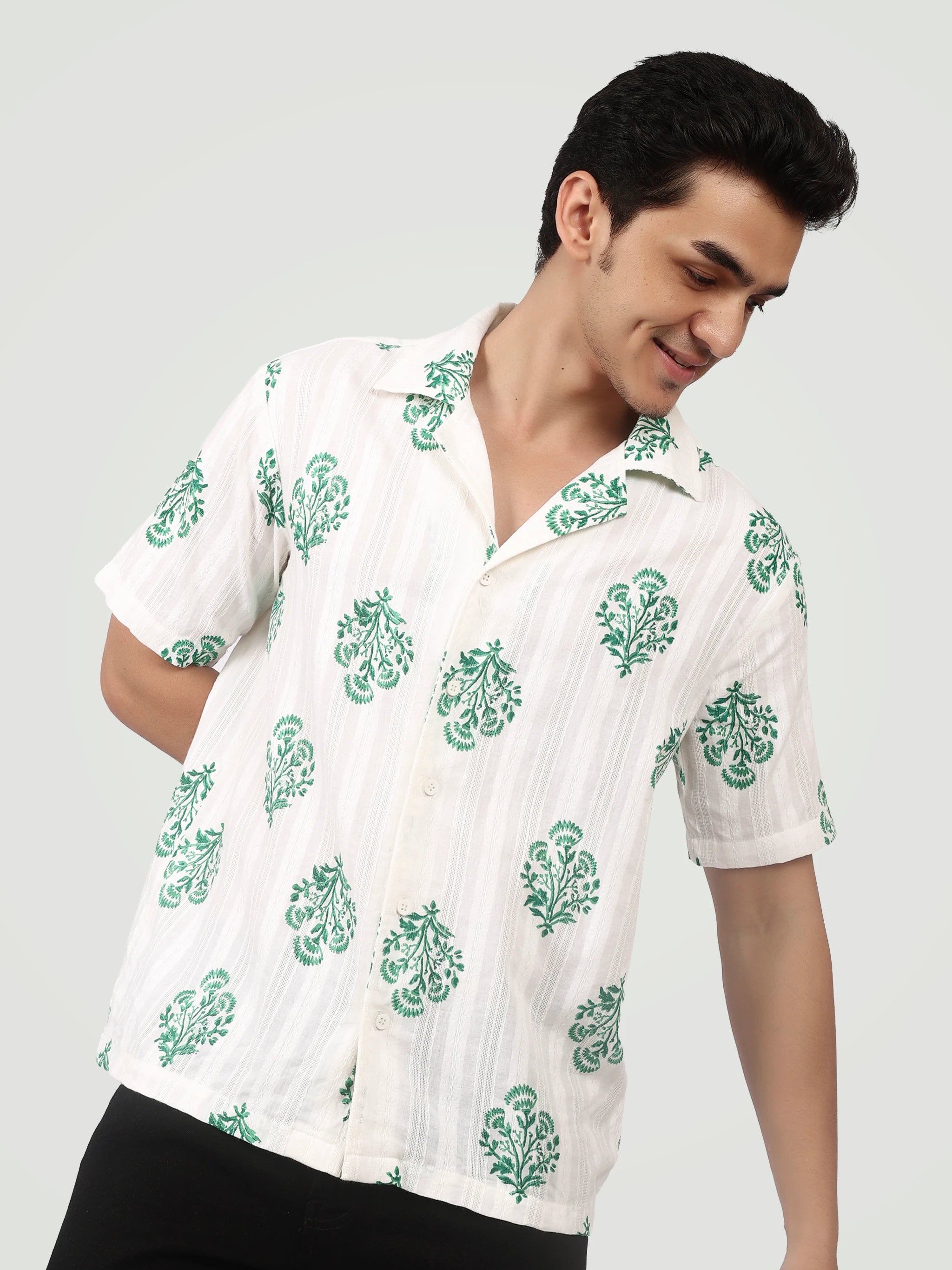 The Heritage Floral Camp Collar Shirt – Emerald & White