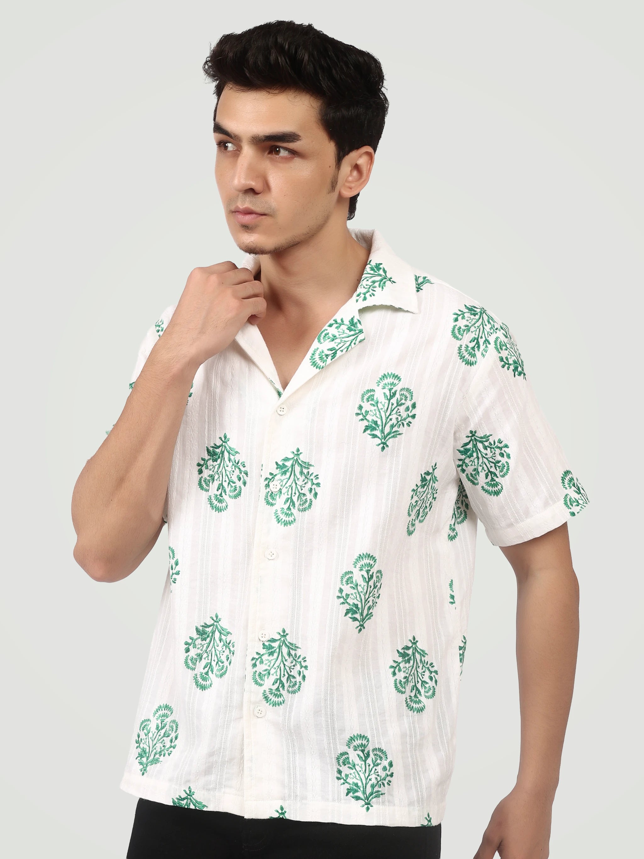 Men's Floral Block Print Shirt | Green Camp Collar | MeeDee Meedee Men's Floral Block Print Shirt | Green Camp Collar | MeeDee Meedee