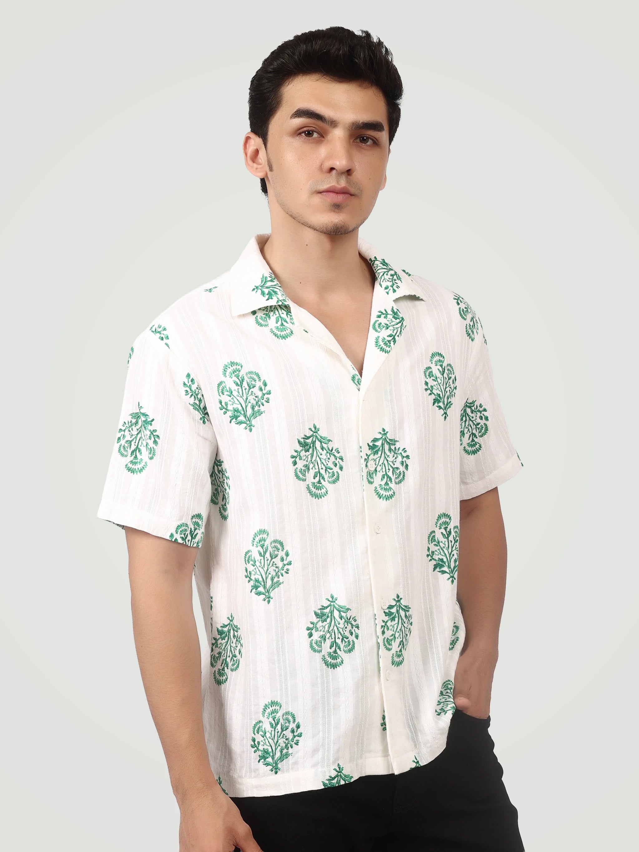 The Heritage Floral Camp Collar Shirt – Emerald & White
