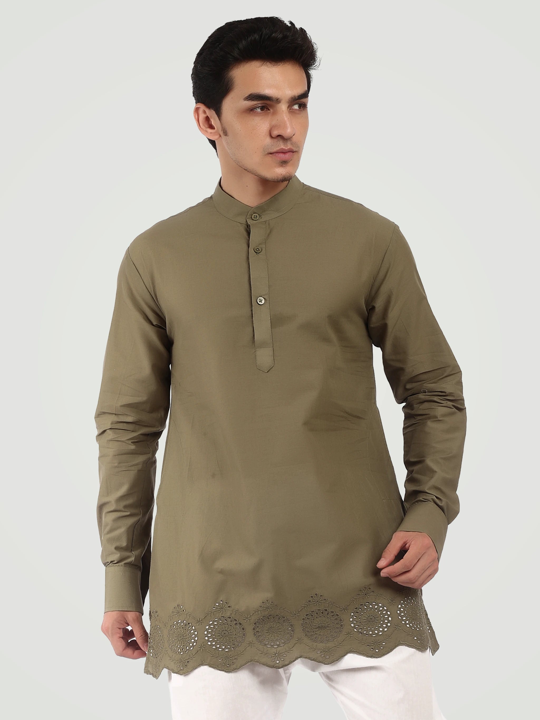 The Scalloped Hem Short Kurta – Olive Green