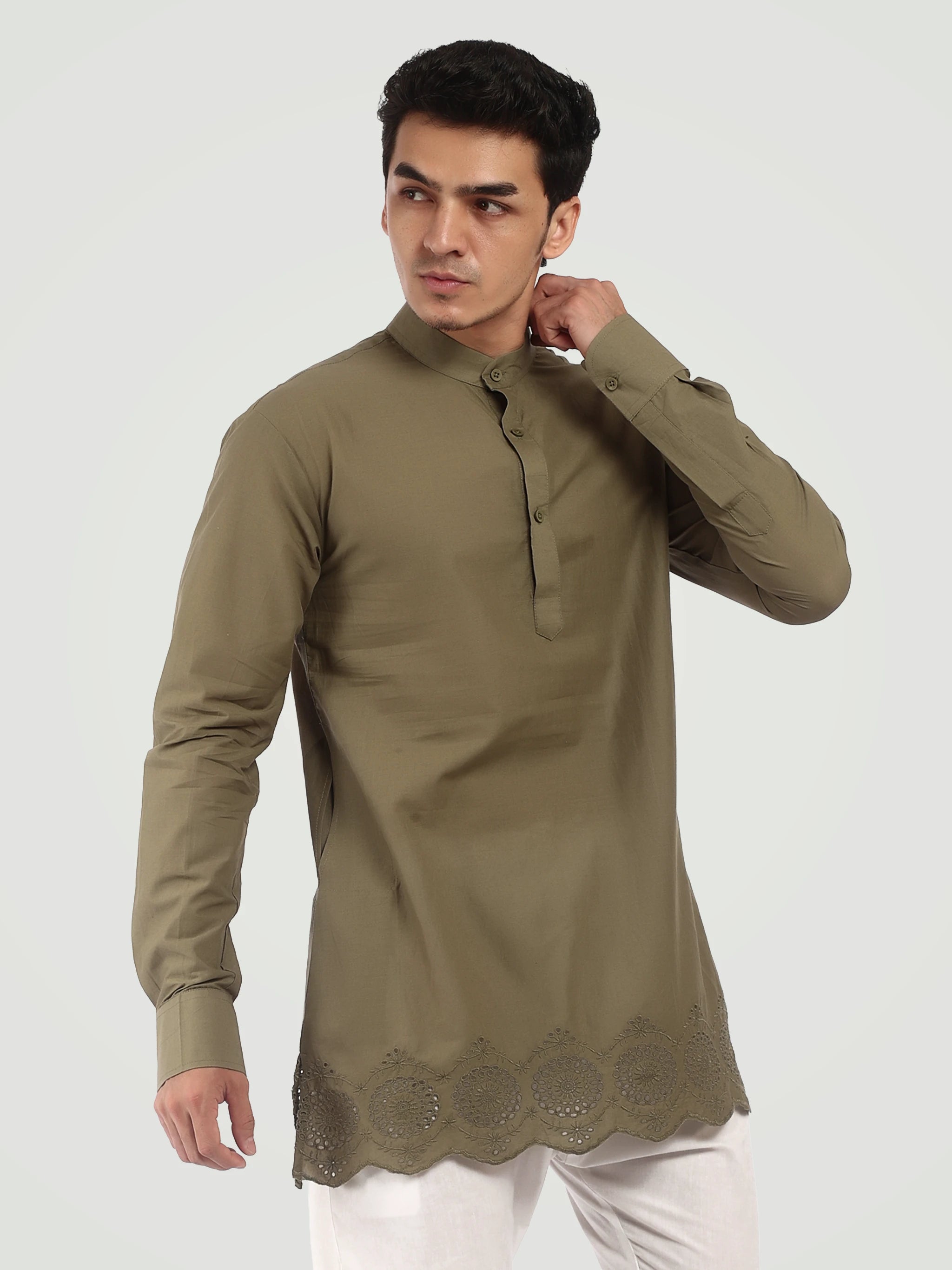 The Scalloped Hem Short Kurta – Olive Green
