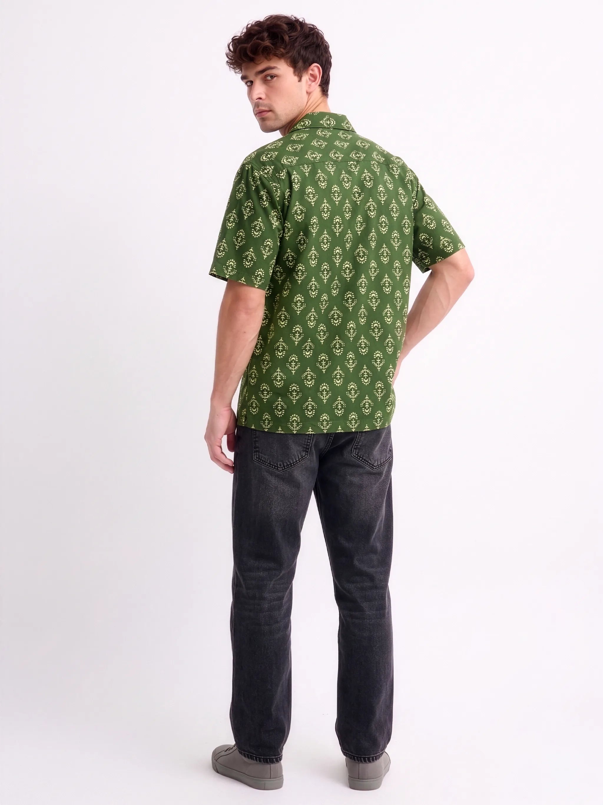 Meedeeshop The Indus  Cambric Cotton Printed Shirt for Men | Cuban Collar | Half Sleeve | Relaxed Fit | Green Botanical Print | Casual Festive Wear