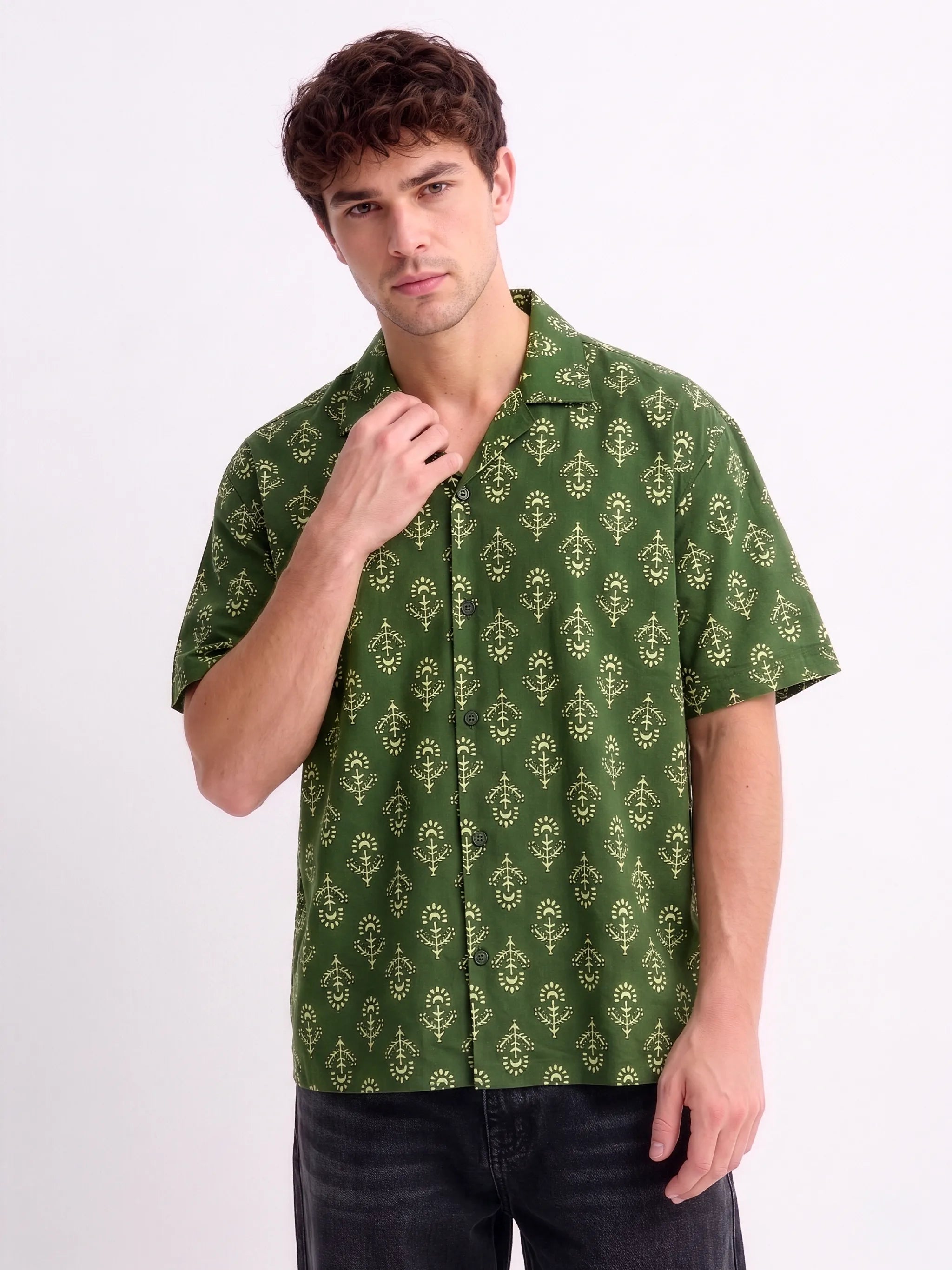 Meedeeshop The Indus  Cambric Cotton Printed Shirt for Men | Cuban Collar | Half Sleeve | Relaxed Fit | Green Botanical Print | Casual Festive Wear