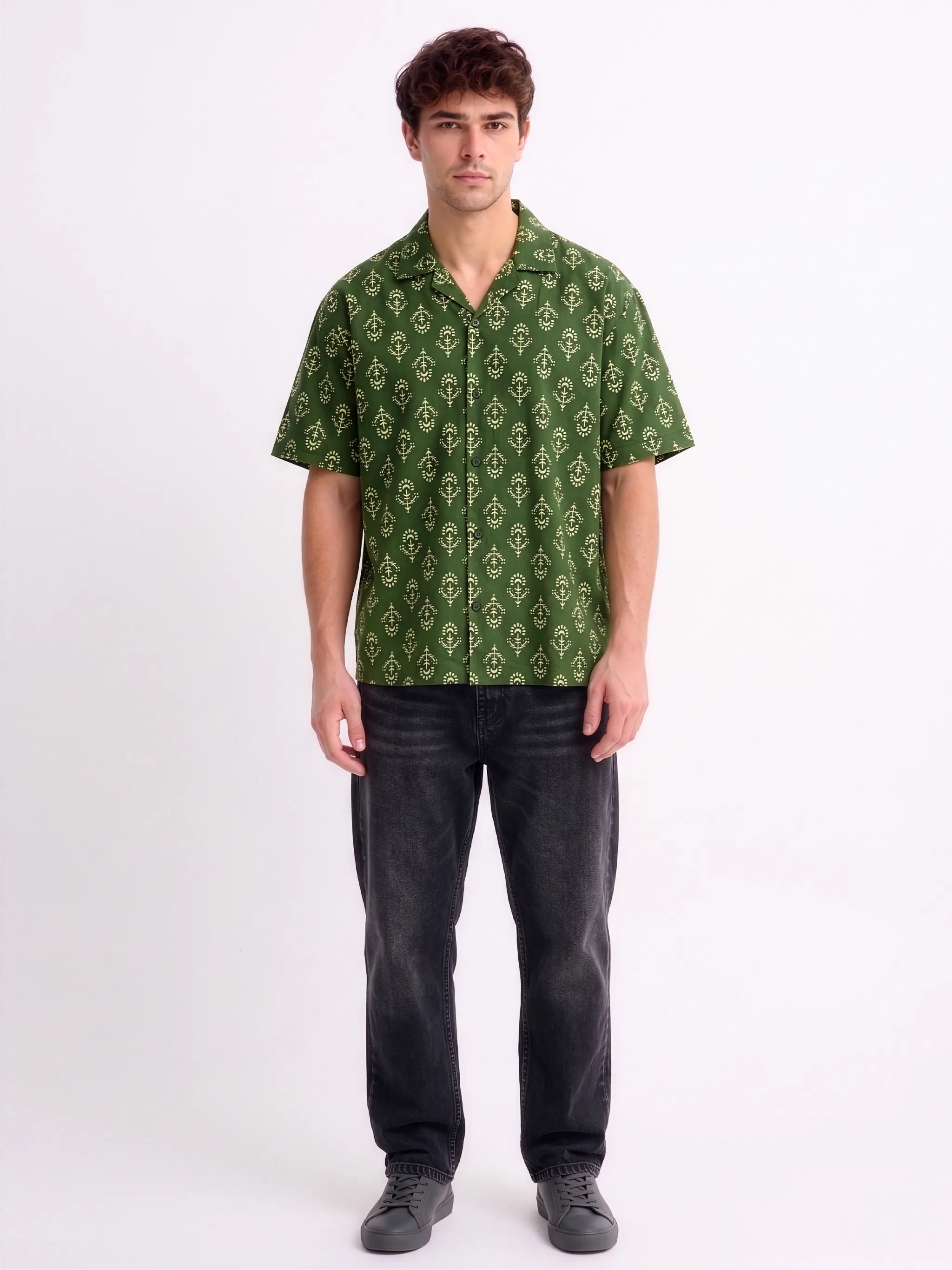 Meedeeshop The Indus  Cambric Cotton Printed Shirt for Men | Cuban Collar | Half Sleeve | Relaxed Fit | Green Botanical Print | Casual Festive Wear