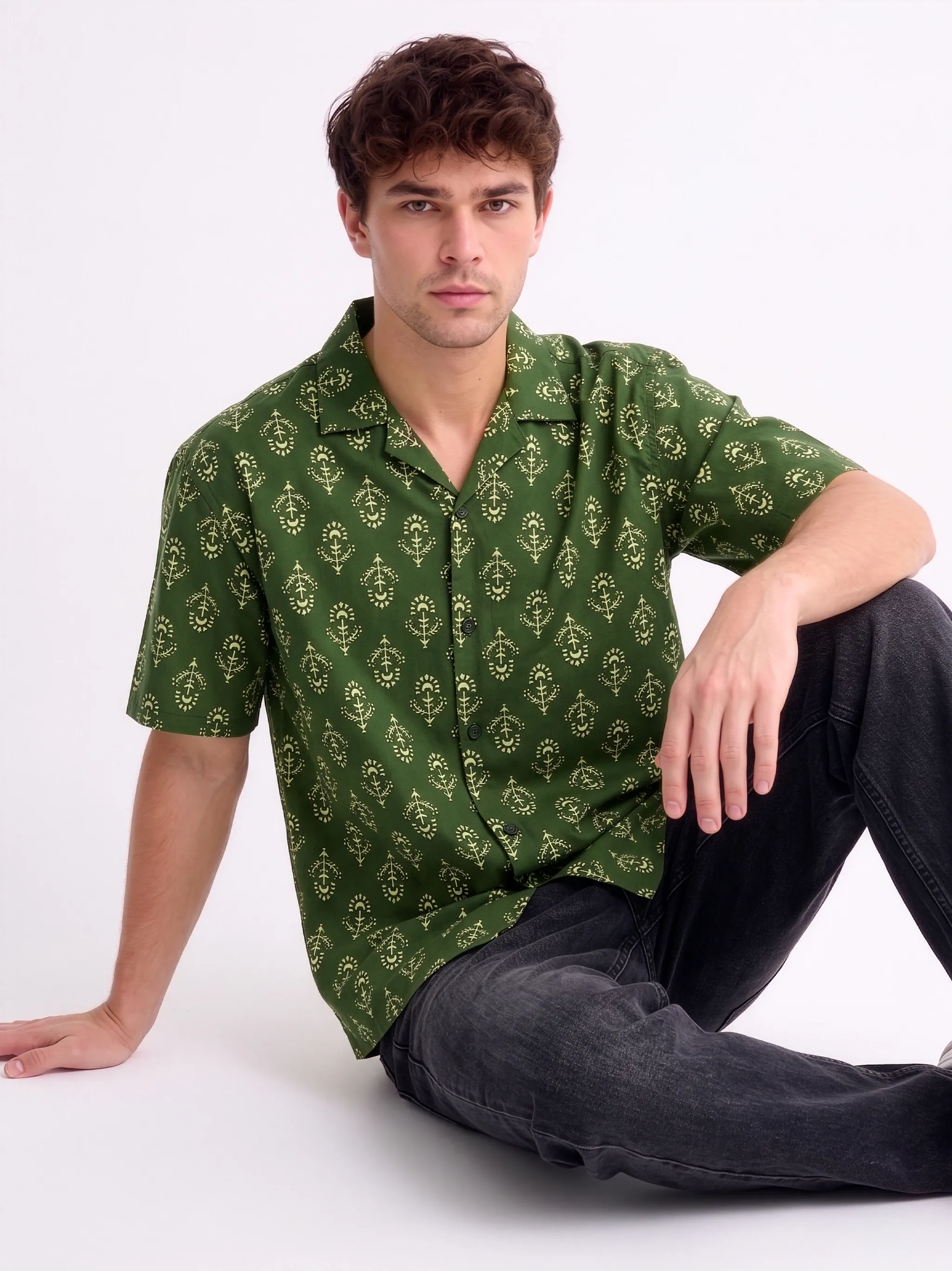Meedeeshop The Indus  Cambric Cotton Printed Shirt for Men | Cuban Collar | Half Sleeve | Relaxed Fit | Green Botanical Print | Casual Festive Wear