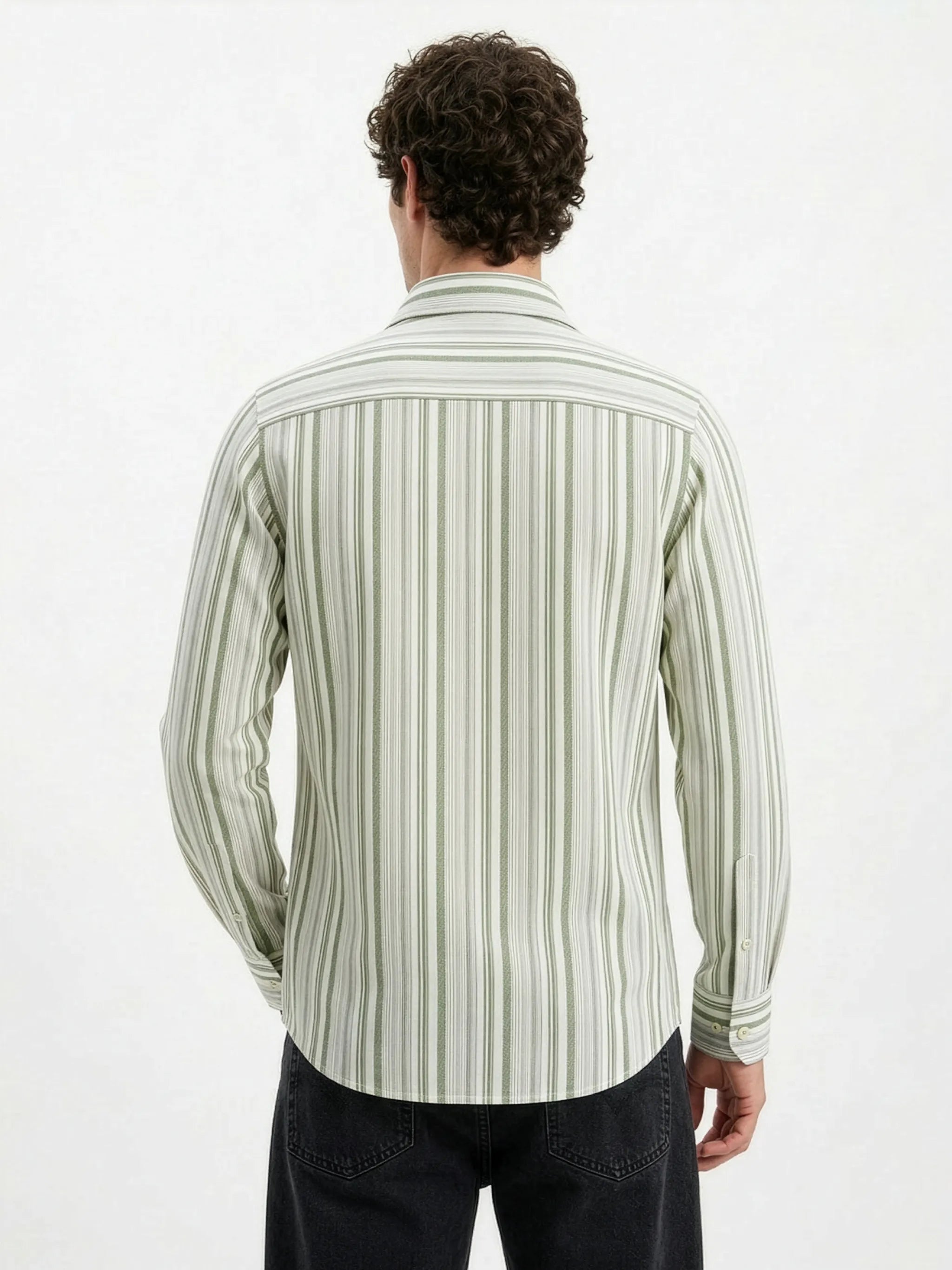 Meedeeshop Men Off-White & Sage Green Striped Cotton-Linen Blend Spread Collar Full Sleeve Regular Fit Shirt
