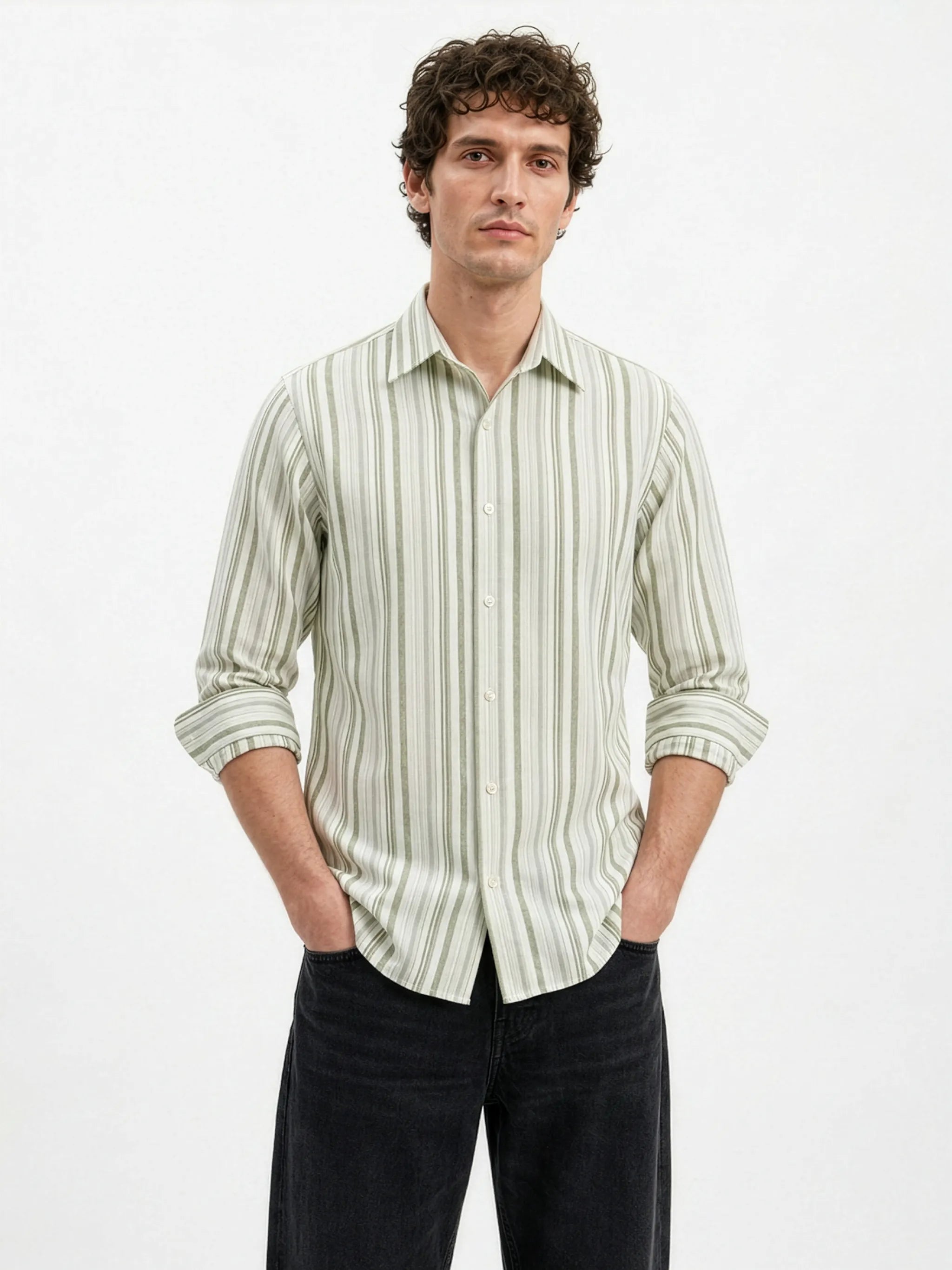 Meedeeshop Men Off-White & Sage Green Striped Cotton-Linen Blend Spread Collar Full Sleeve Regular Fit Shirt