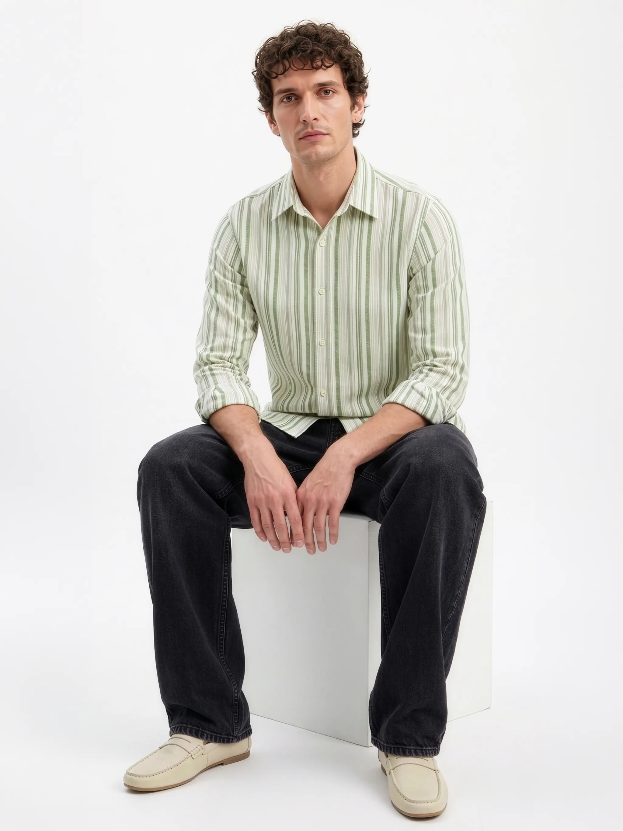 Meedeeshop Men Off-White & Sage Green Striped Cotton-Linen Blend Spread Collar Full Sleeve Regular Fit Shirt