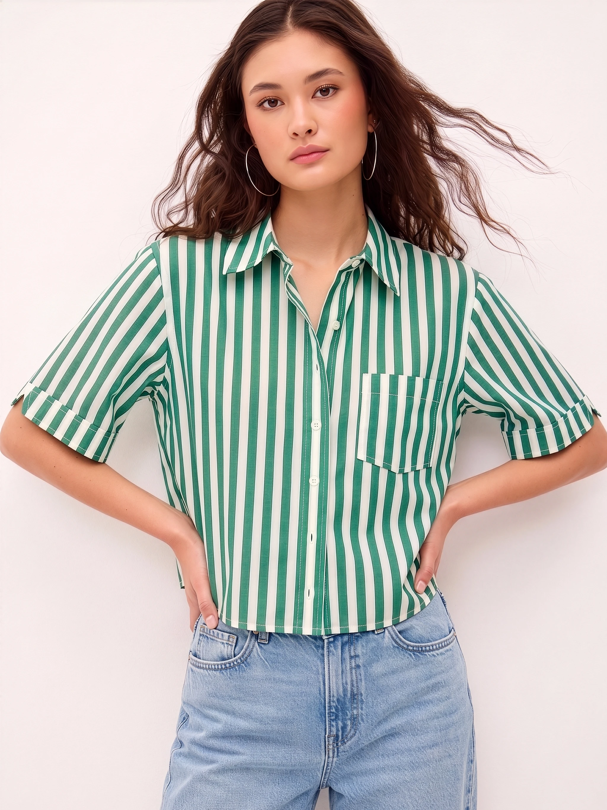 Women Green & White Vertical Stripe Boxy Fit Cotton Shirt – Short Sleeves