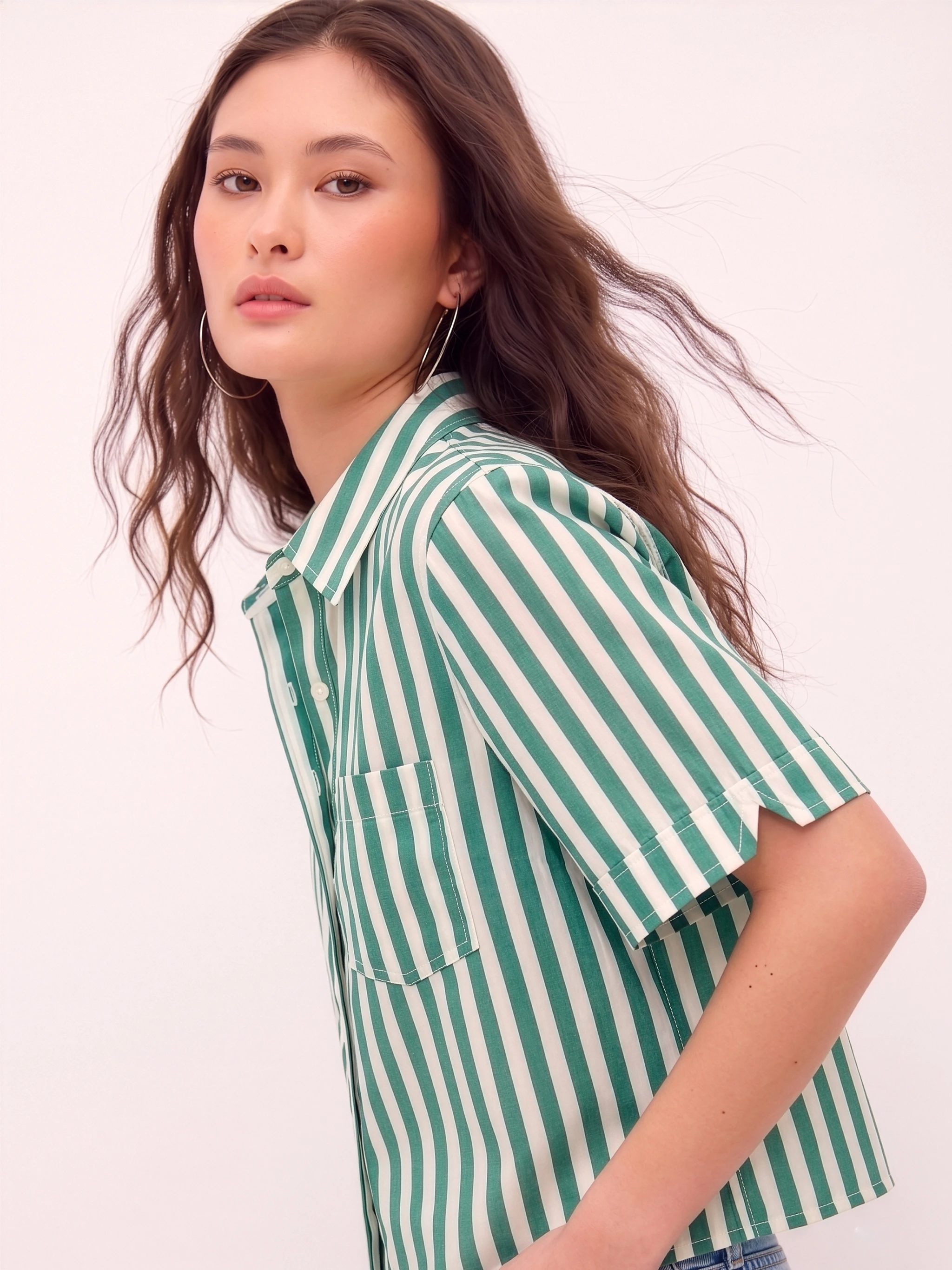 Women Green & White Vertical Stripe Boxy Fit Cotton Shirt – Short Sleeves
