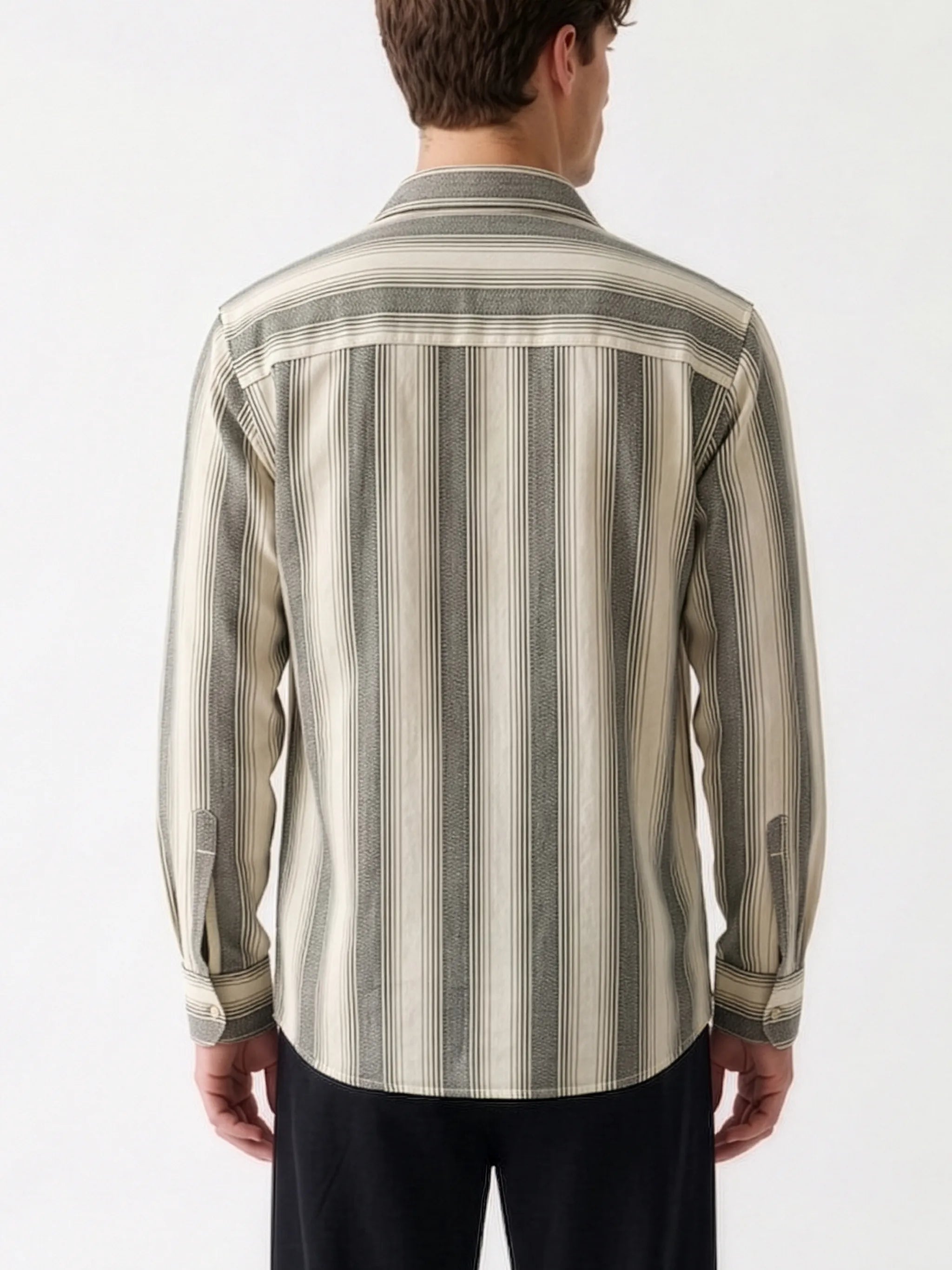 Meedeeshop Men Cream & Charcoal Grey Striped Cotton-Linen Blend Spread Collar Full Sleeve Regular Fit Shirt