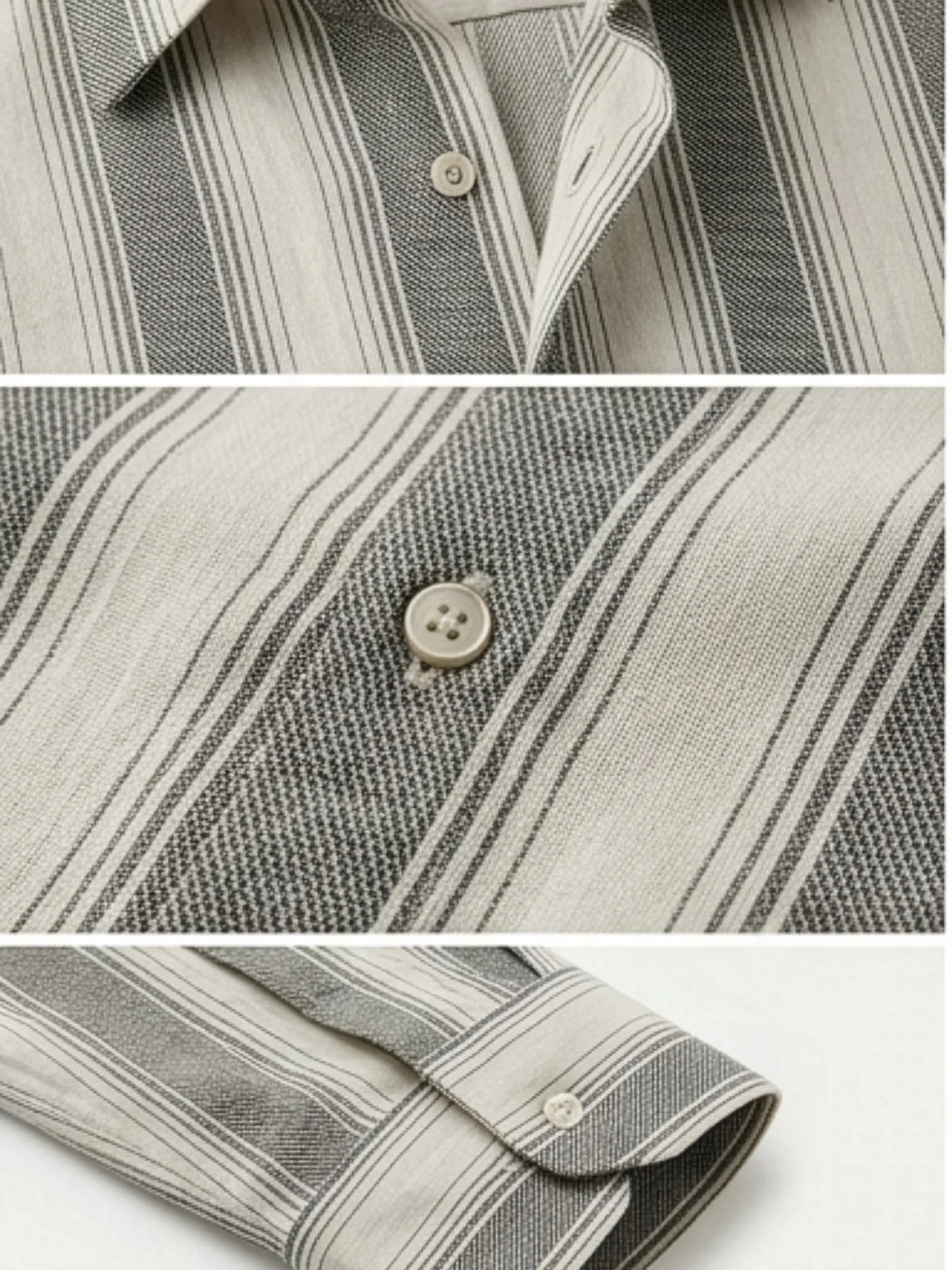 Meedeeshop Men Cream & Charcoal Grey Striped Cotton-Linen Blend Spread Collar Full Sleeve Regular Fit Shirt