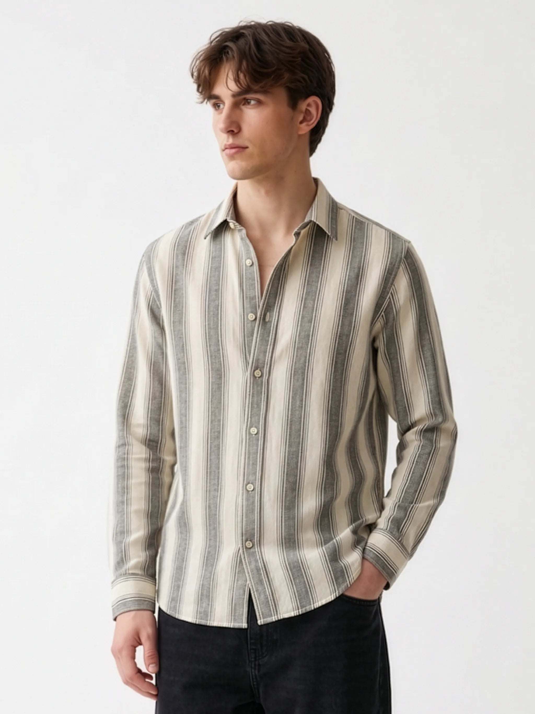 Meedeeshop Men Cream & Charcoal Grey Striped Cotton-Linen Blend Spread Collar Full Sleeve Regular Fit Shirt