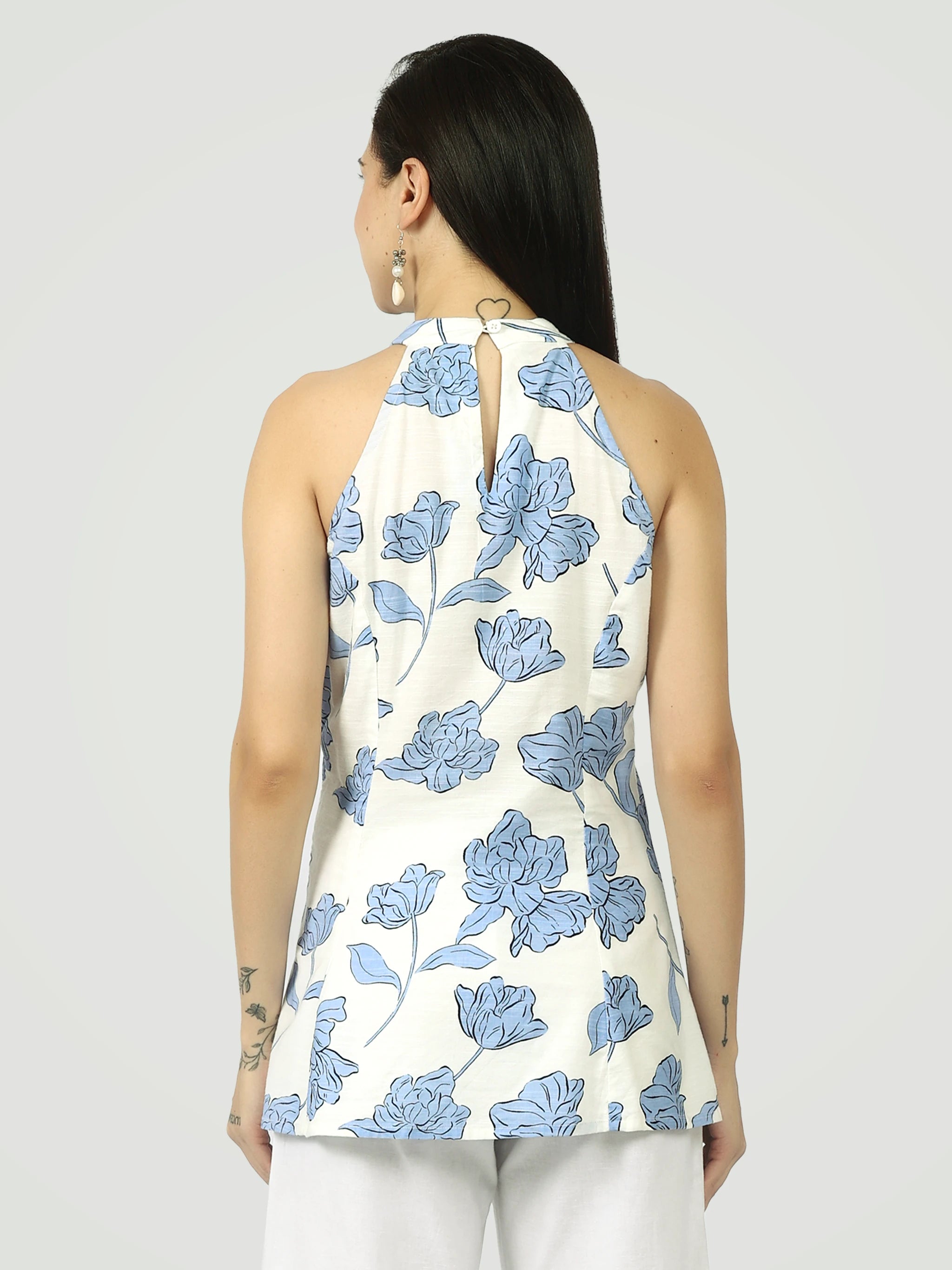 The Botanical Halter Blouse – White-Blue Print