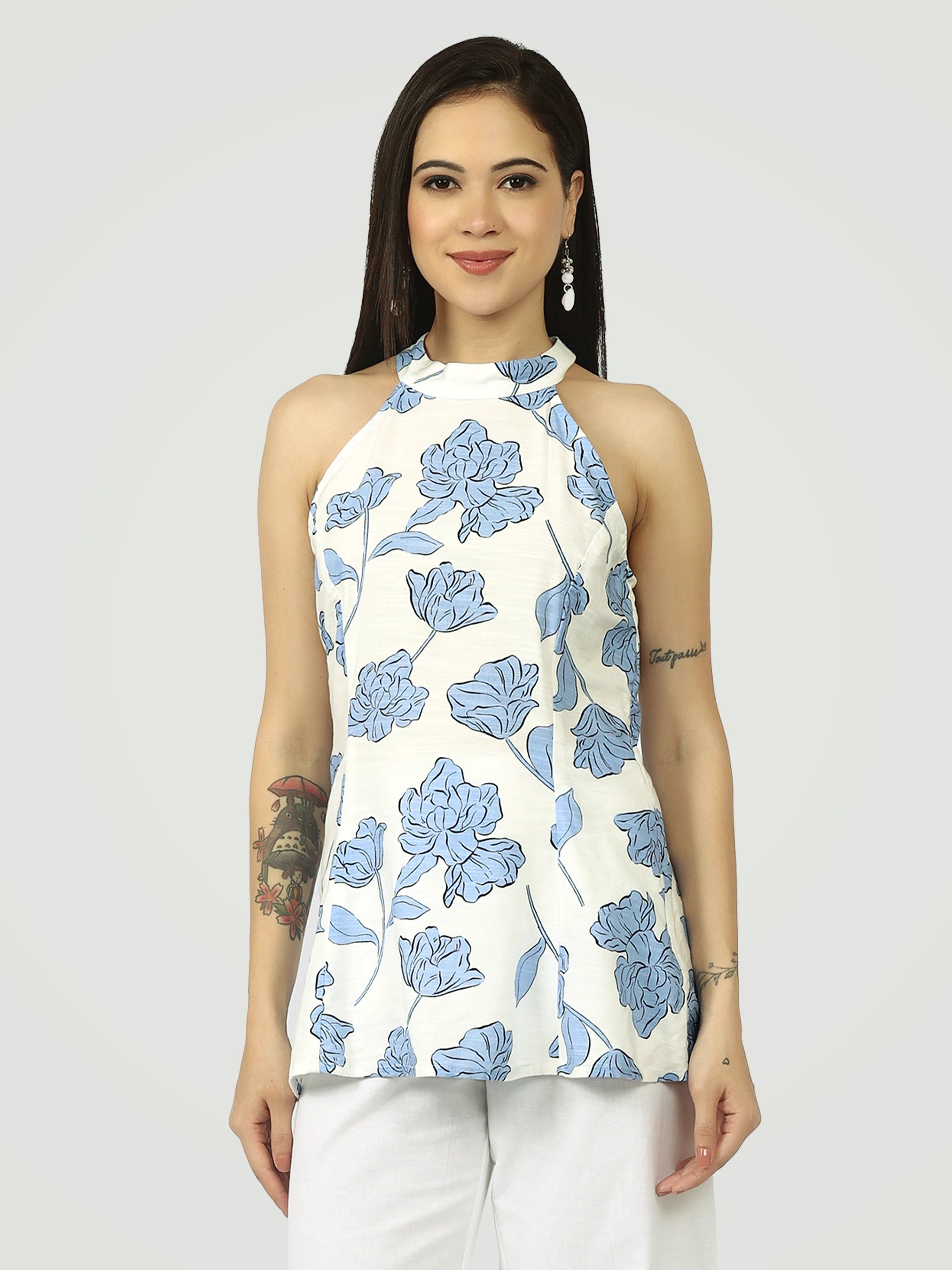 The Botanical Halter Blouse – White-Blue Print