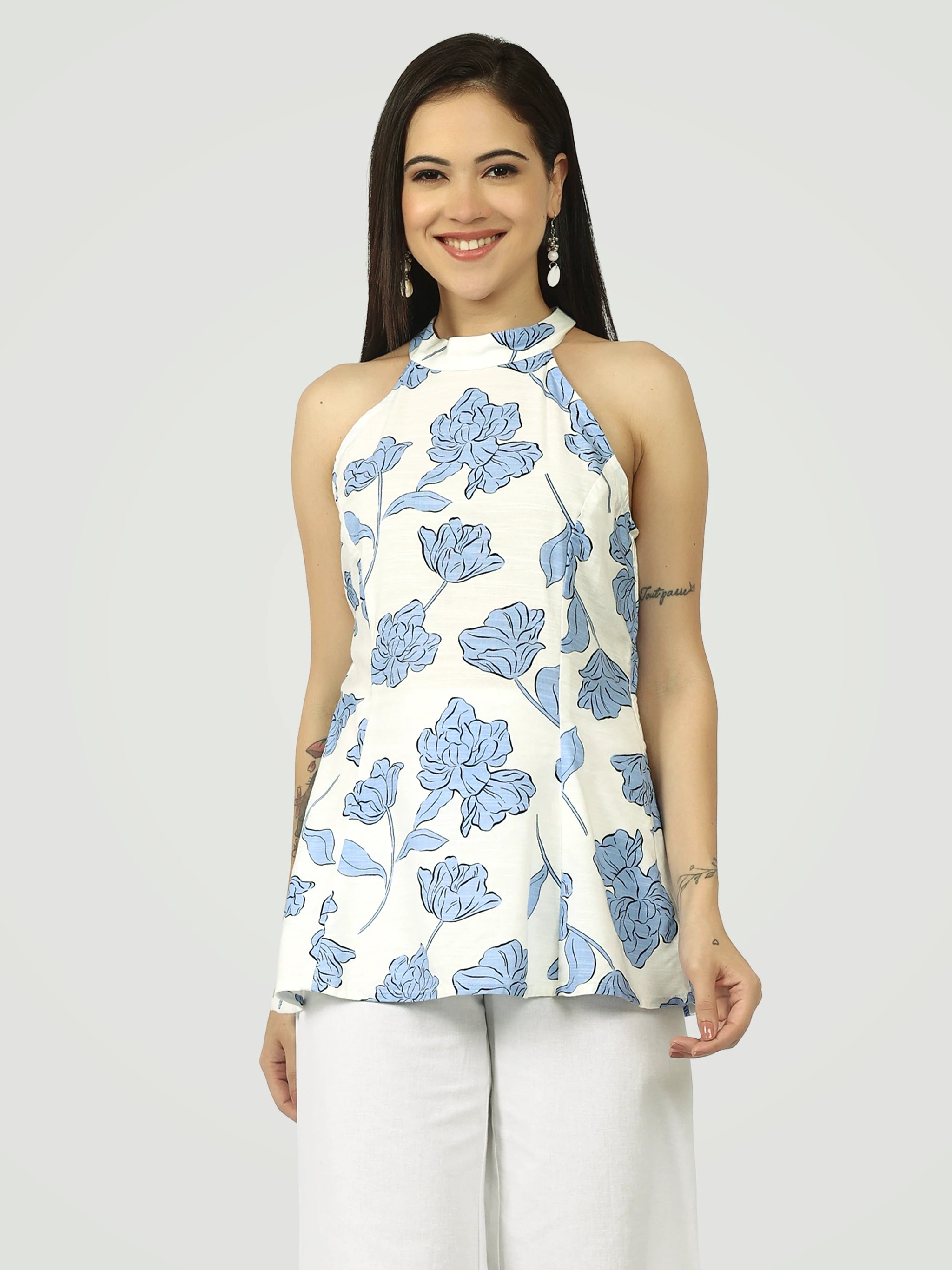 The Botanical Halter Blouse – White-Blue Print
