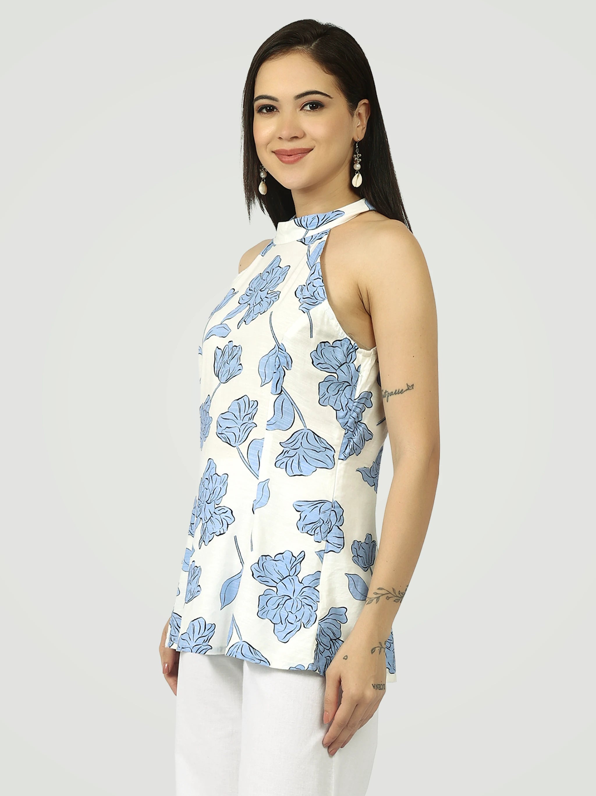 The Botanical Halter Blouse – White-Blue Print