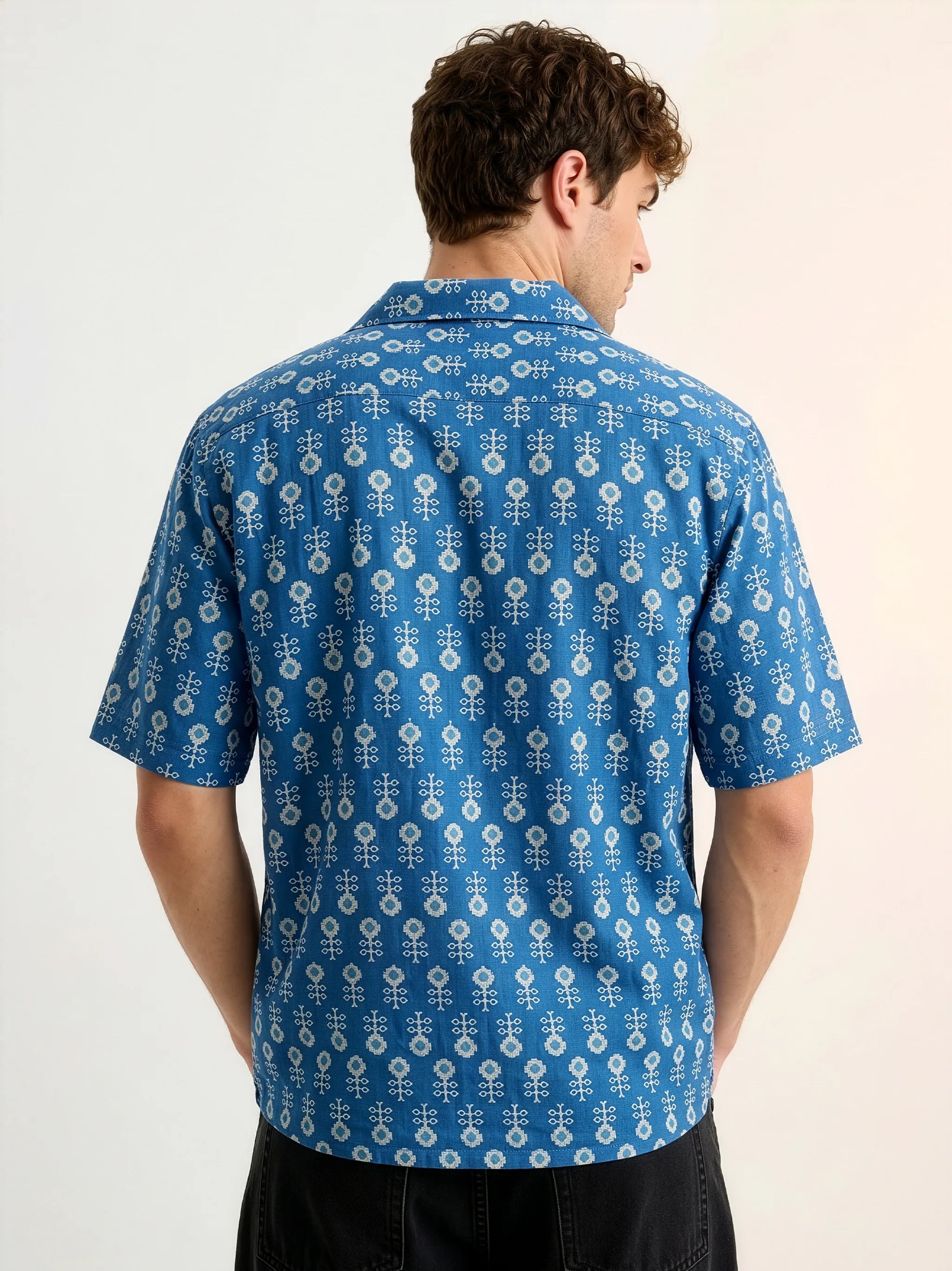 Meedeeshop The Indigo Cambric Cotton Printed Shirt for Men | Cuban Collar | Half Sleeve | Relaxed Fit | Blue Geometric Block Print | Casual Festive Wear
