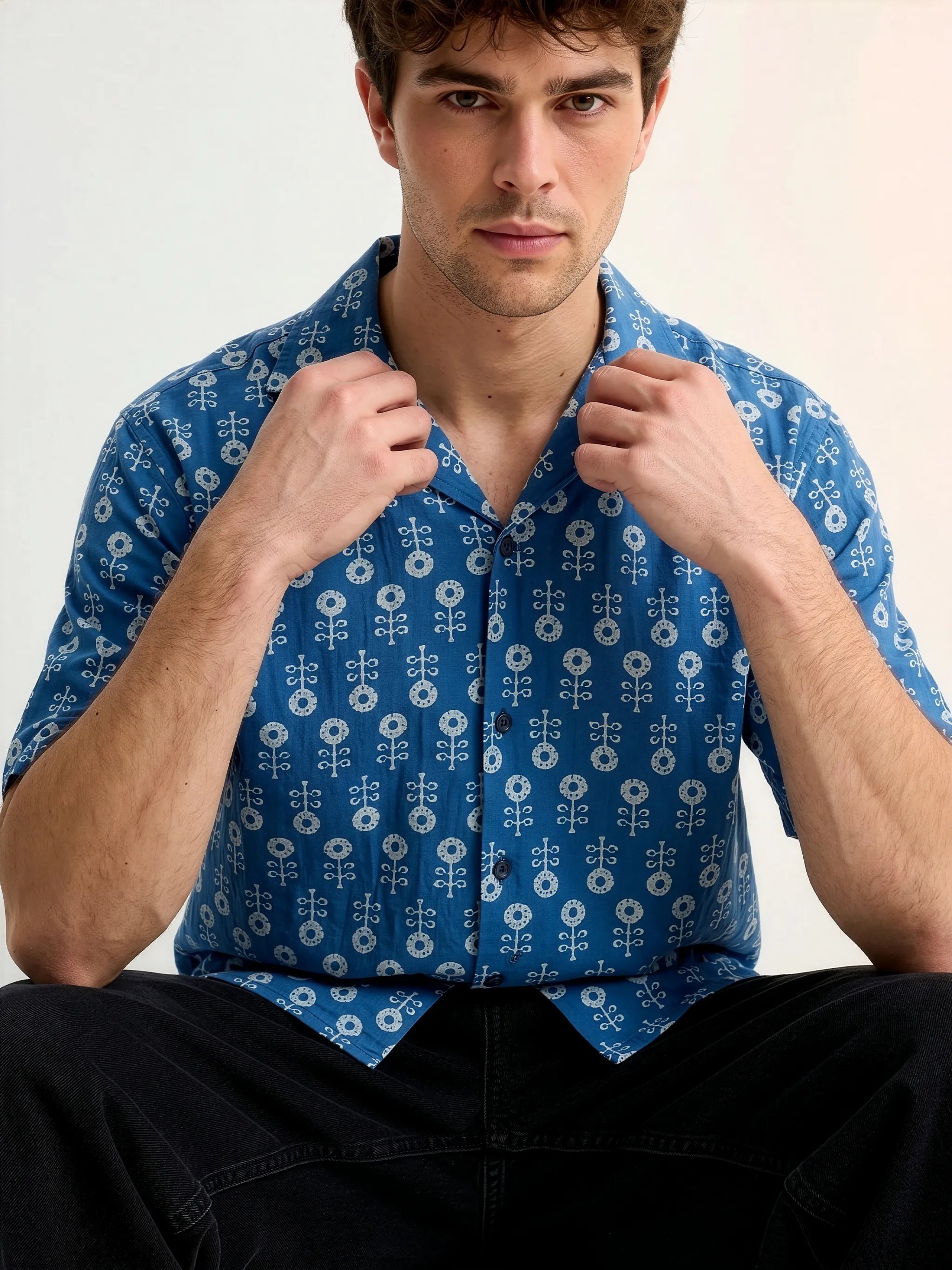 Meedeeshop The Indigo Cambric Cotton Printed Shirt for Men | Cuban Collar | Half Sleeve | Relaxed Fit | Blue Geometric Block Print | Casual Festive Wear