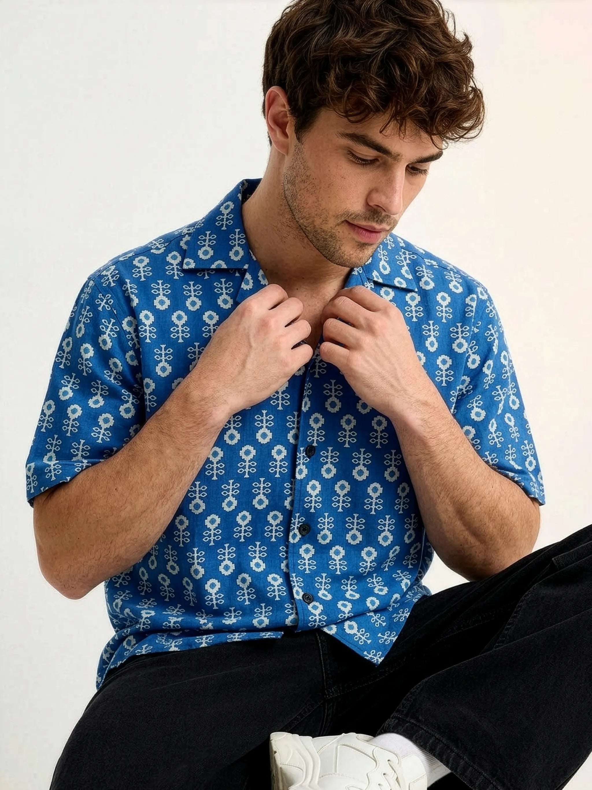 Meedeeshop The Indigo Cambric Cotton Printed Shirt for Men | Cuban Collar | Half Sleeve | Relaxed Fit | Blue Geometric Block Print | Casual Festive Wear