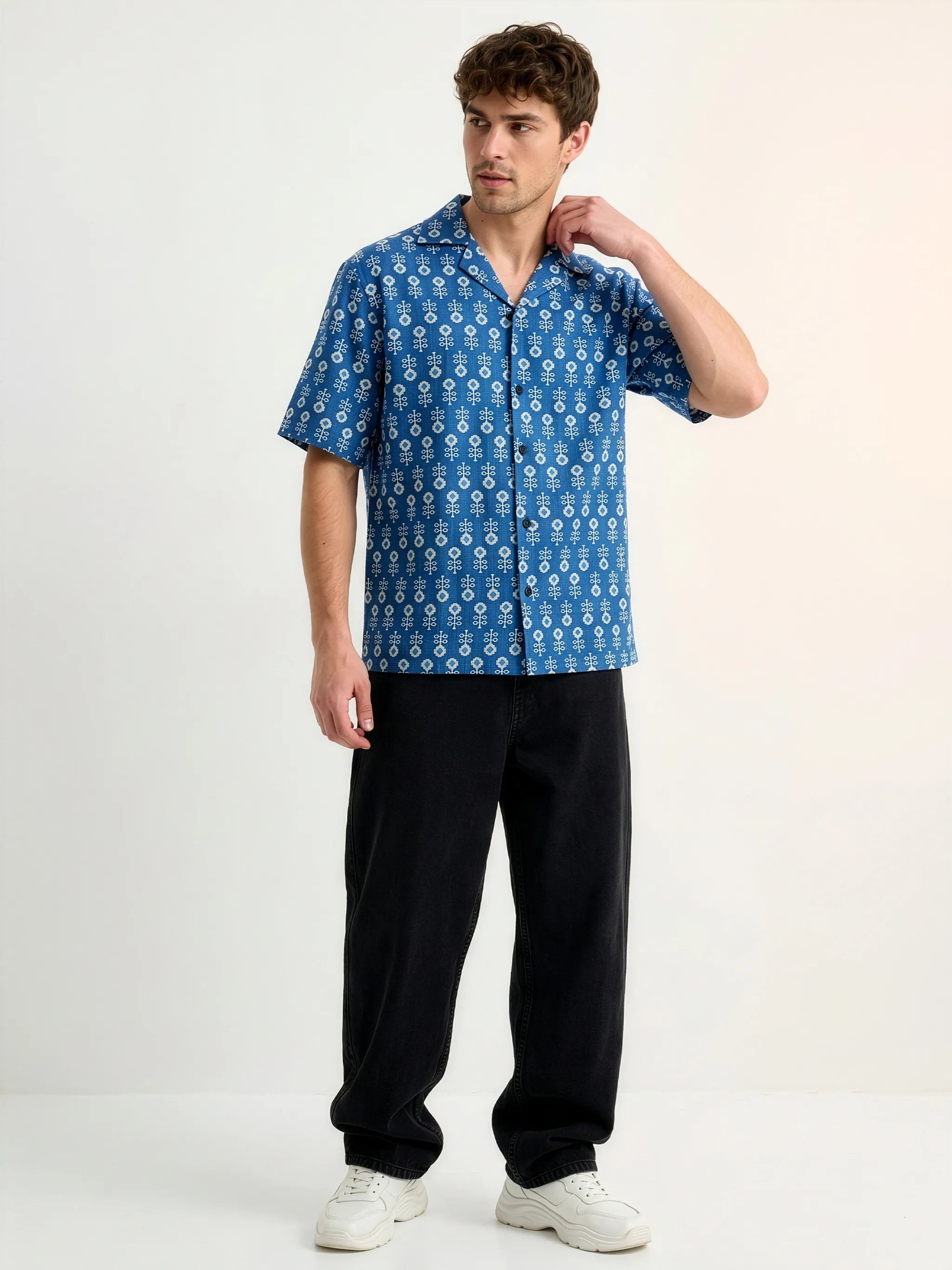 Meedeeshop The Indigo Cambric Cotton Printed Shirt for Men | Cuban Collar | Half Sleeve | Relaxed Fit | Blue Geometric Block Print | Casual Festive Wear