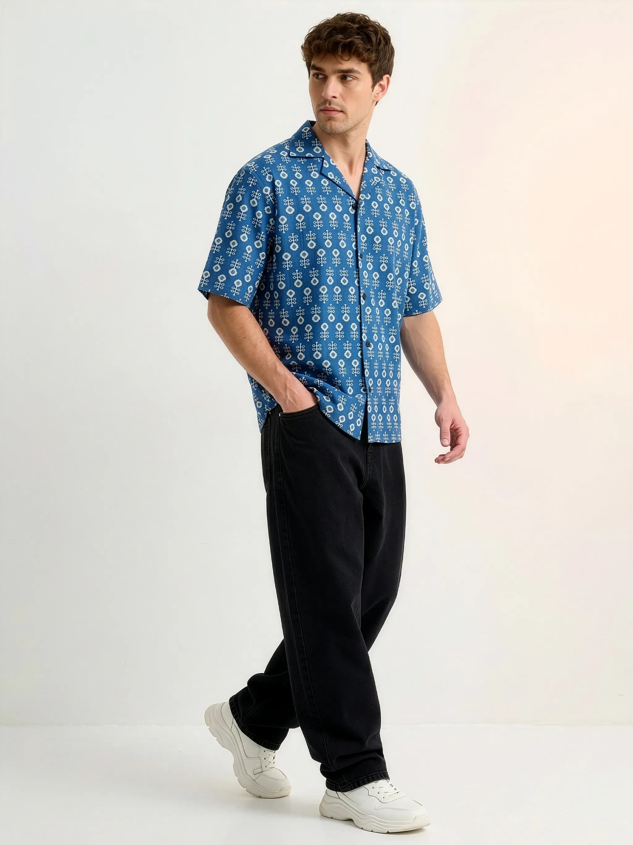 Meedeeshop The Indigo Cambric Cotton Printed Shirt for Men | Cuban Collar | Half Sleeve | Relaxed Fit | Blue Geometric Block Print | Casual Festive Wear