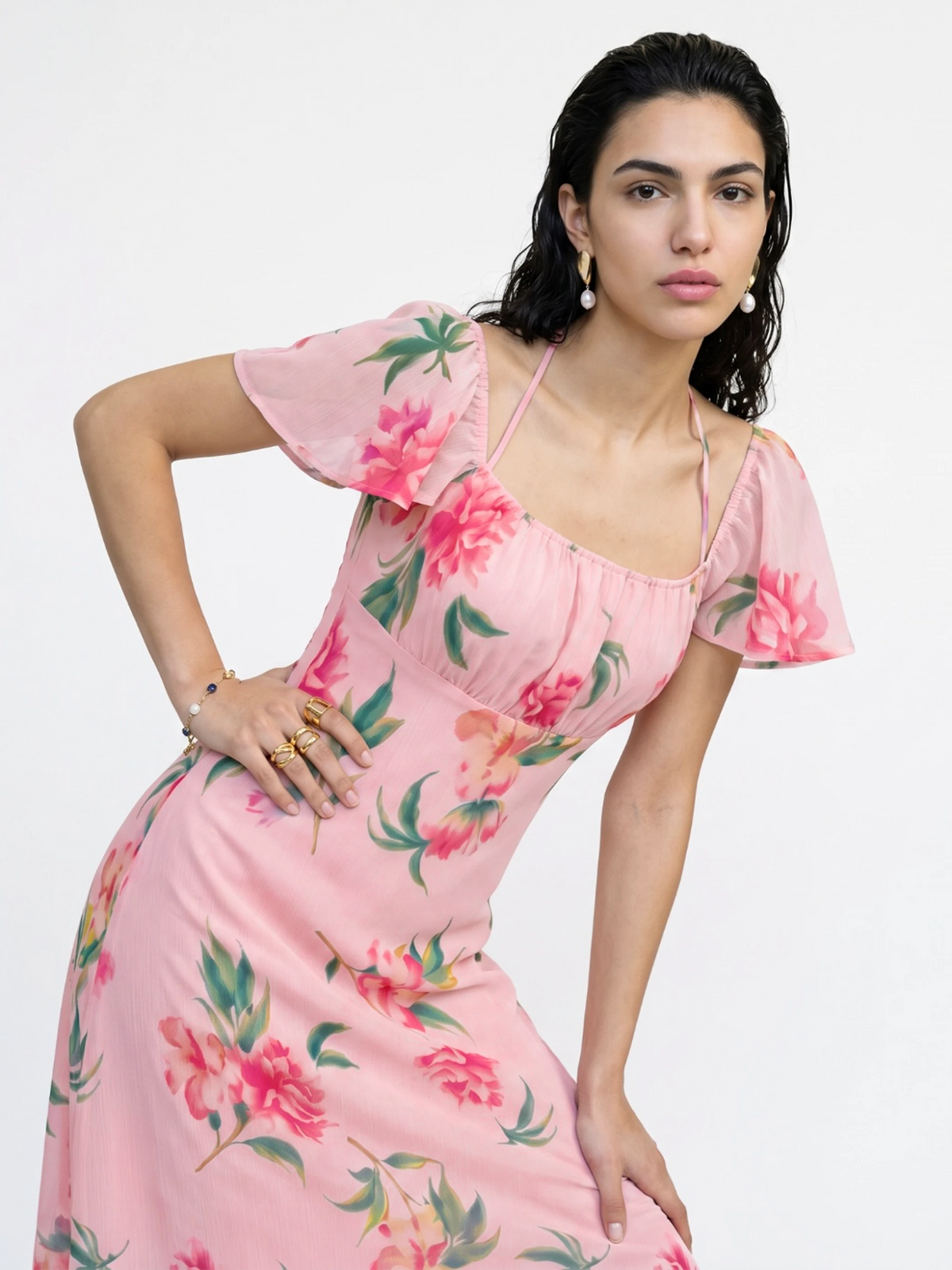 Blush Pink Floral Chiffon Midi Dress