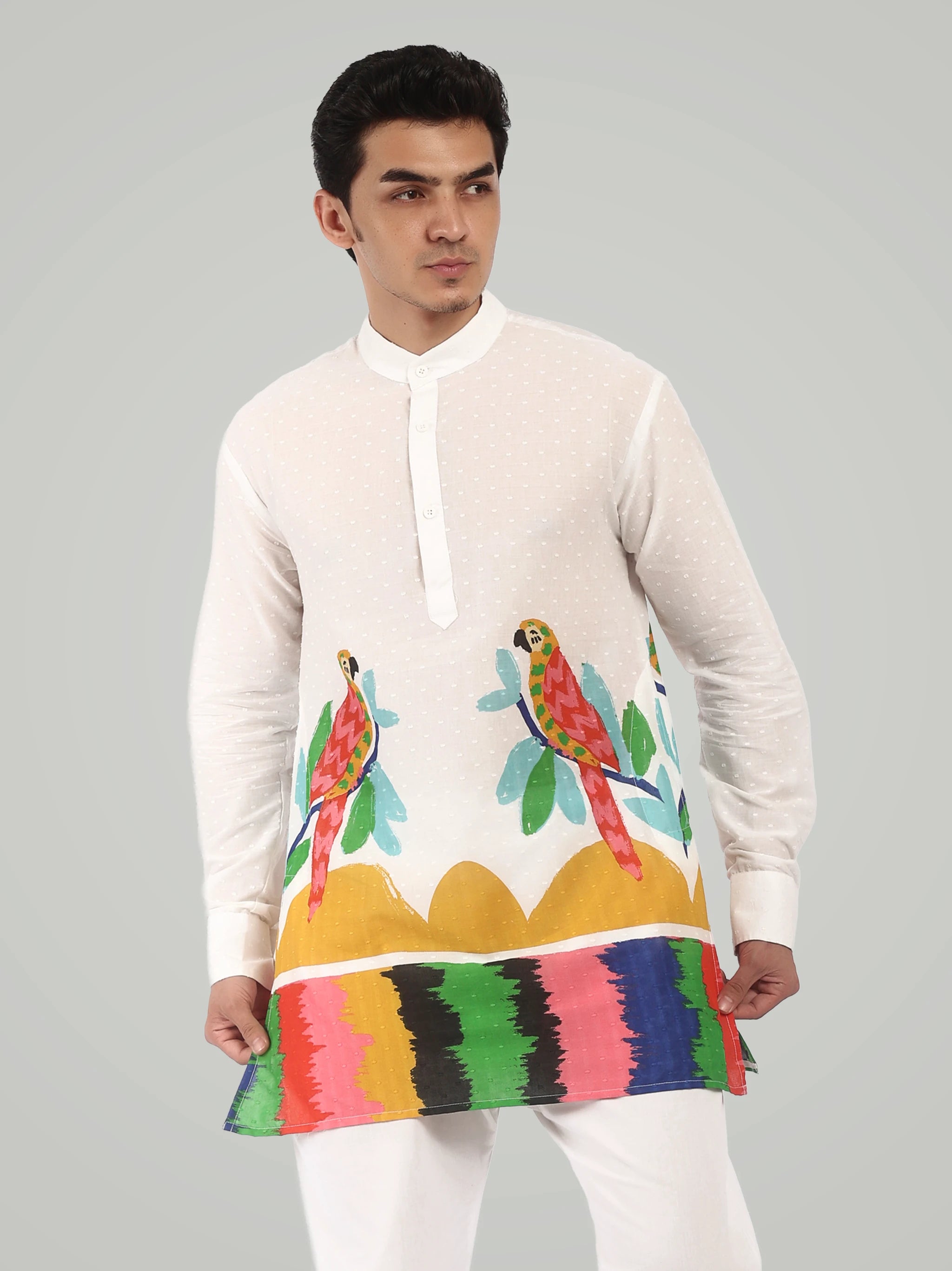 The Artisan Parrot Motif Short Kurta – Textured White