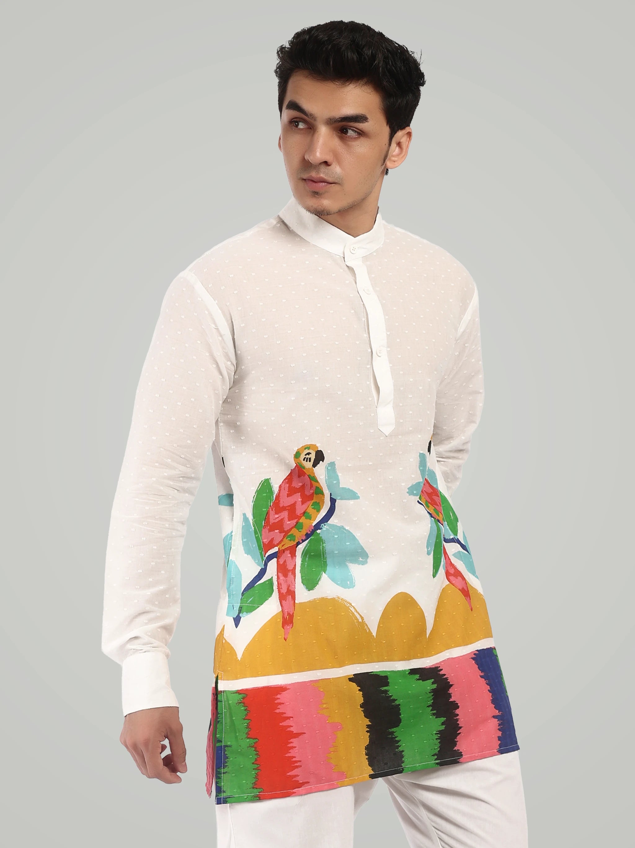 The Artisan Parrot Motif Short Kurta – Textured White