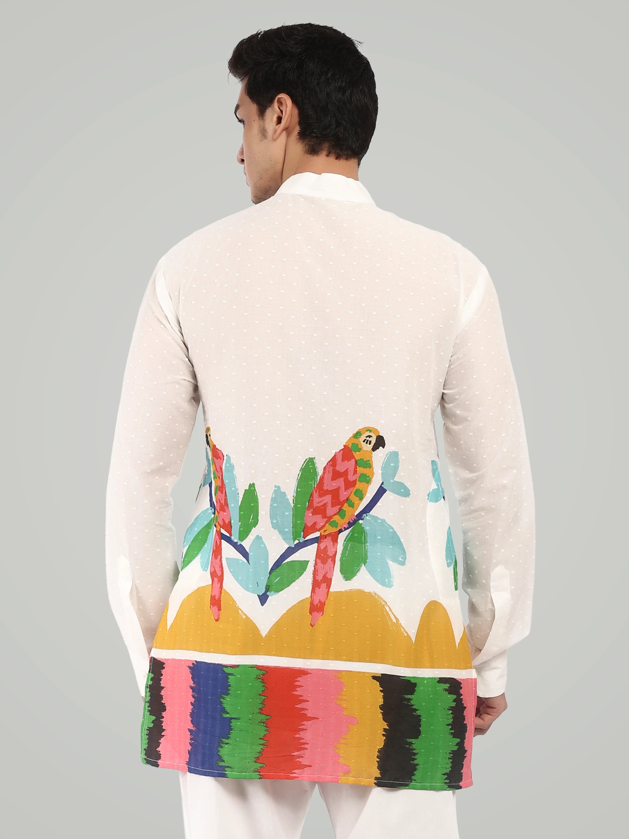 The Artisan Parrot Motif Short Kurta – Textured White