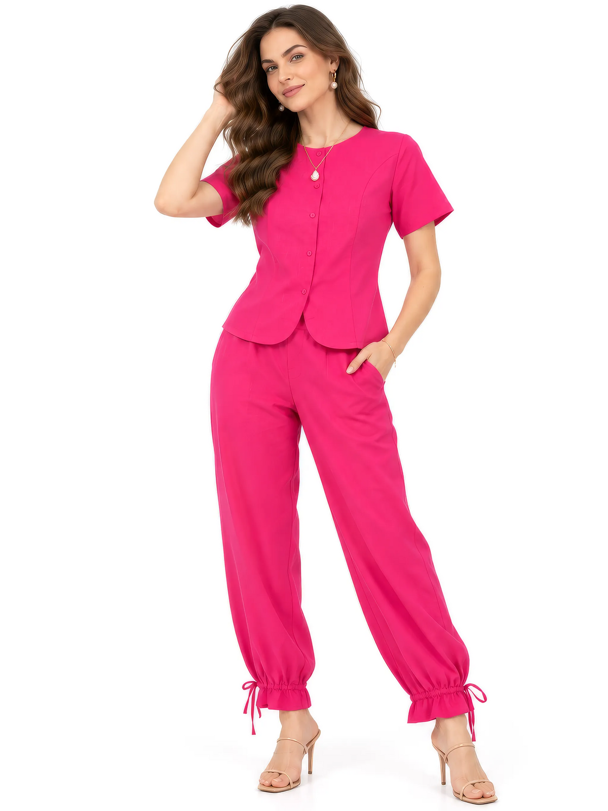 Tie-Hem Linen Co-ord Set - Hot Pink