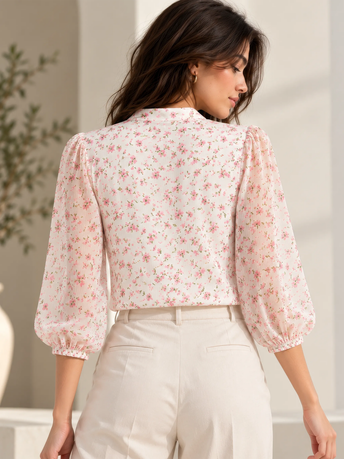 Ditsy Floral Mandarin Collar Top - Blush Pink