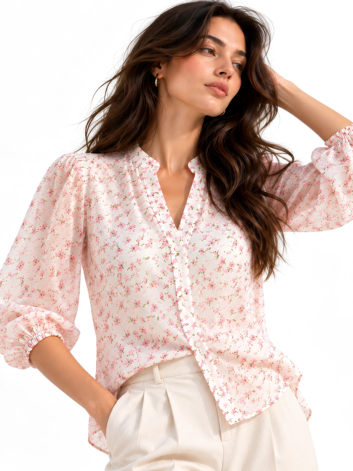 Ditsy Floral Mandarin Collar Top - Blush Pink