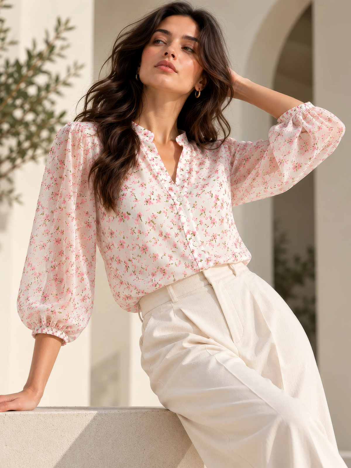 Ditsy Floral Mandarin Collar Top - Blush Pink