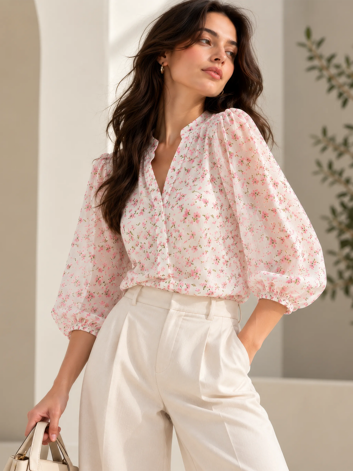 Ditsy Floral Mandarin Collar Top - Blush Pink