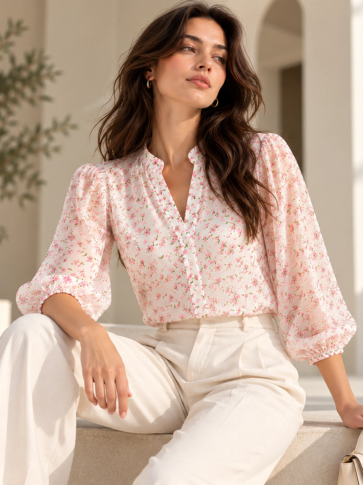 Ditsy Floral Mandarin Collar Top - Blush Pink