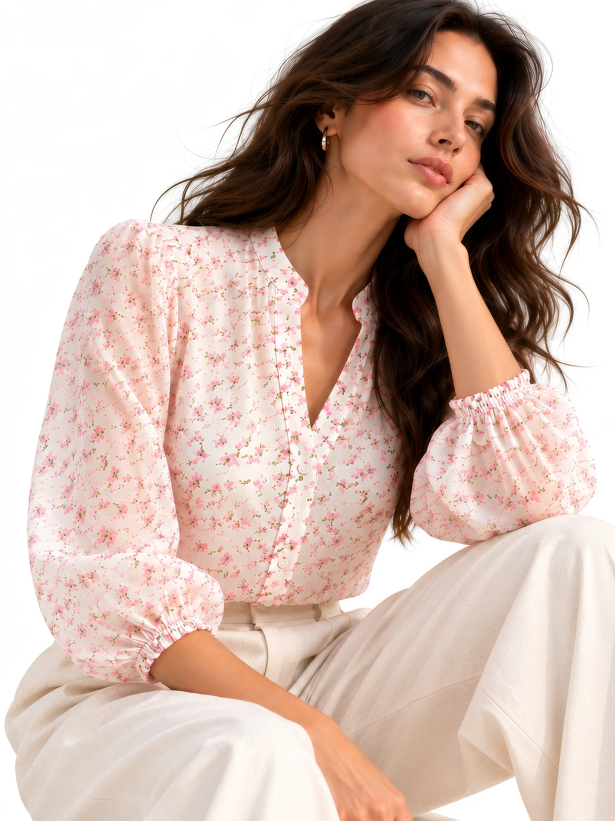 Ditsy Floral Mandarin Collar Top - Blush Pink