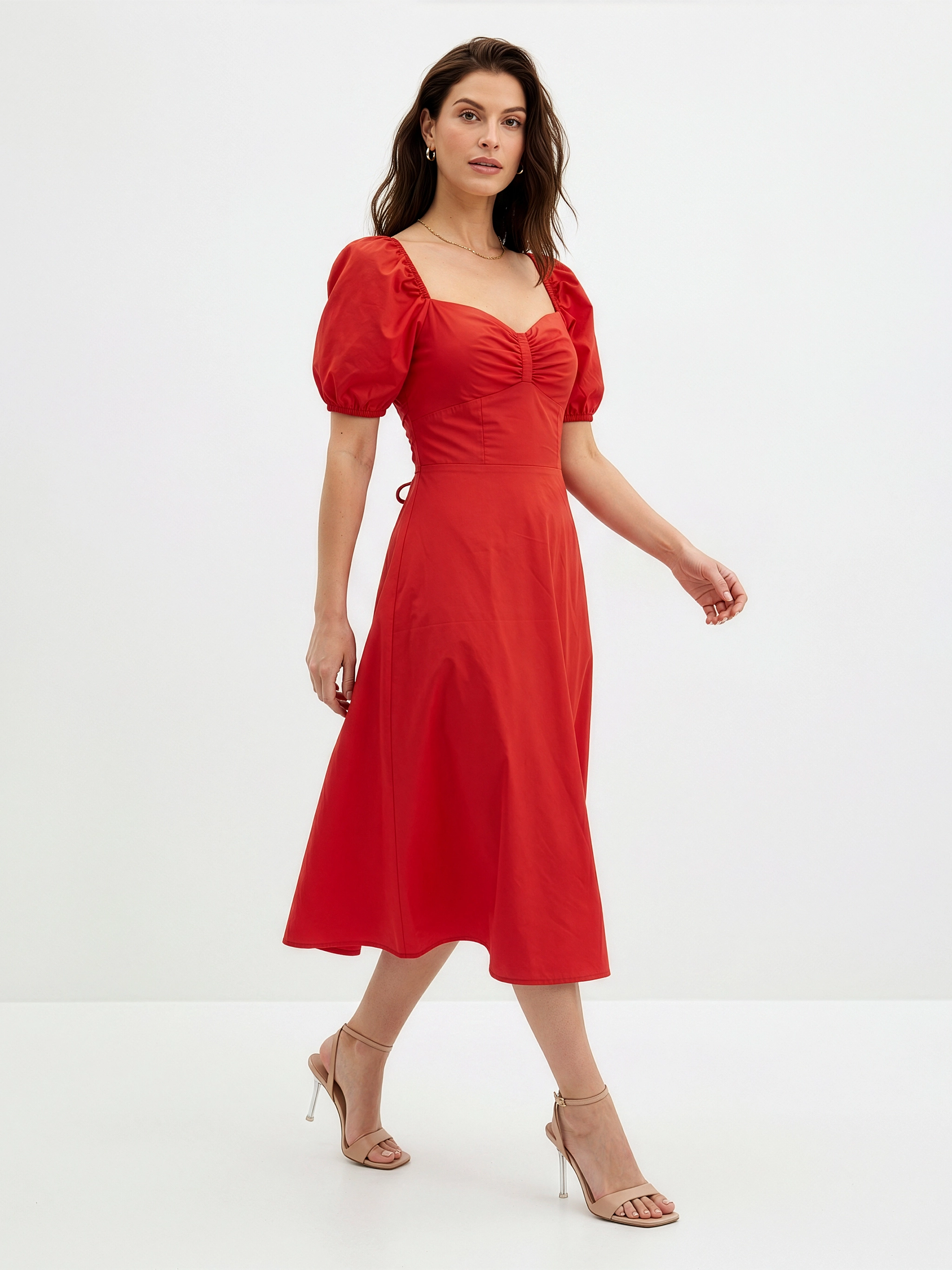 Meedeeshop The Scarlett Cotton Poplin Midi Dress for Women | Puff Sleeve | Sweetheart Neck | Adjustable Corset Back | Red | Party Festive Wear