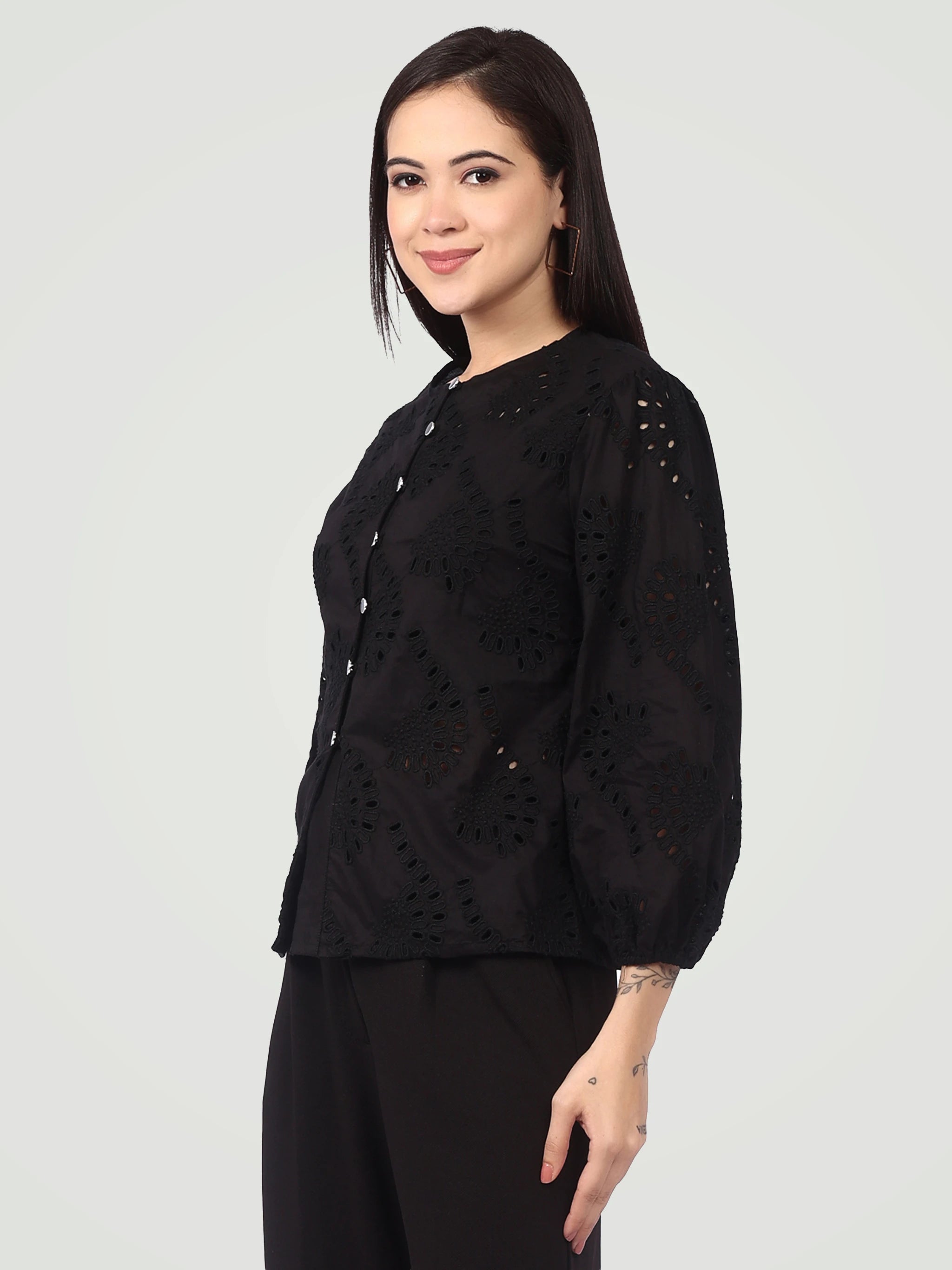 The Schiffli Embroidered Blouse – Onyx Black