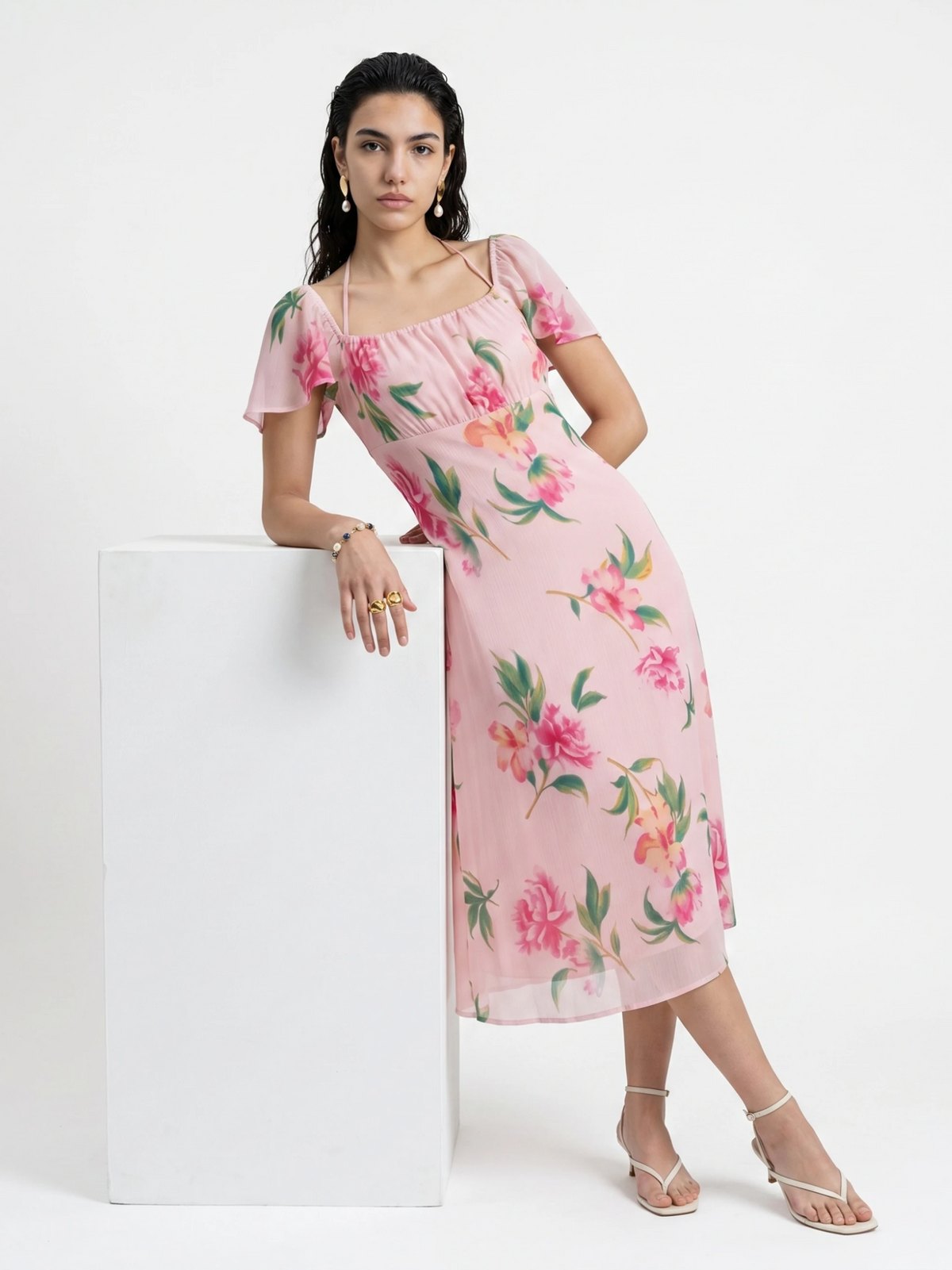 Blush Pink Floral Chiffon Midi Dress