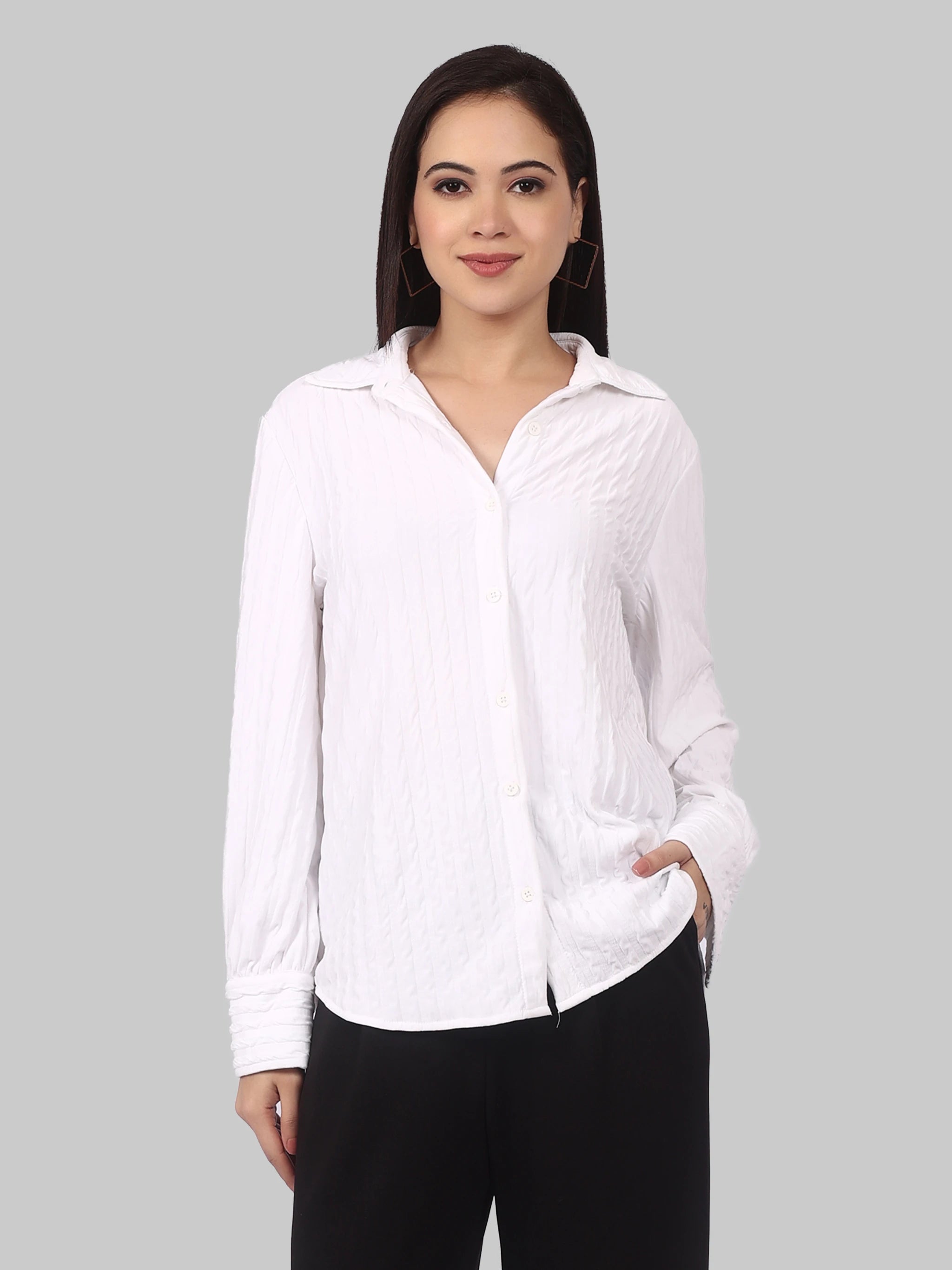 Women's White Textured Button-Down Shirt